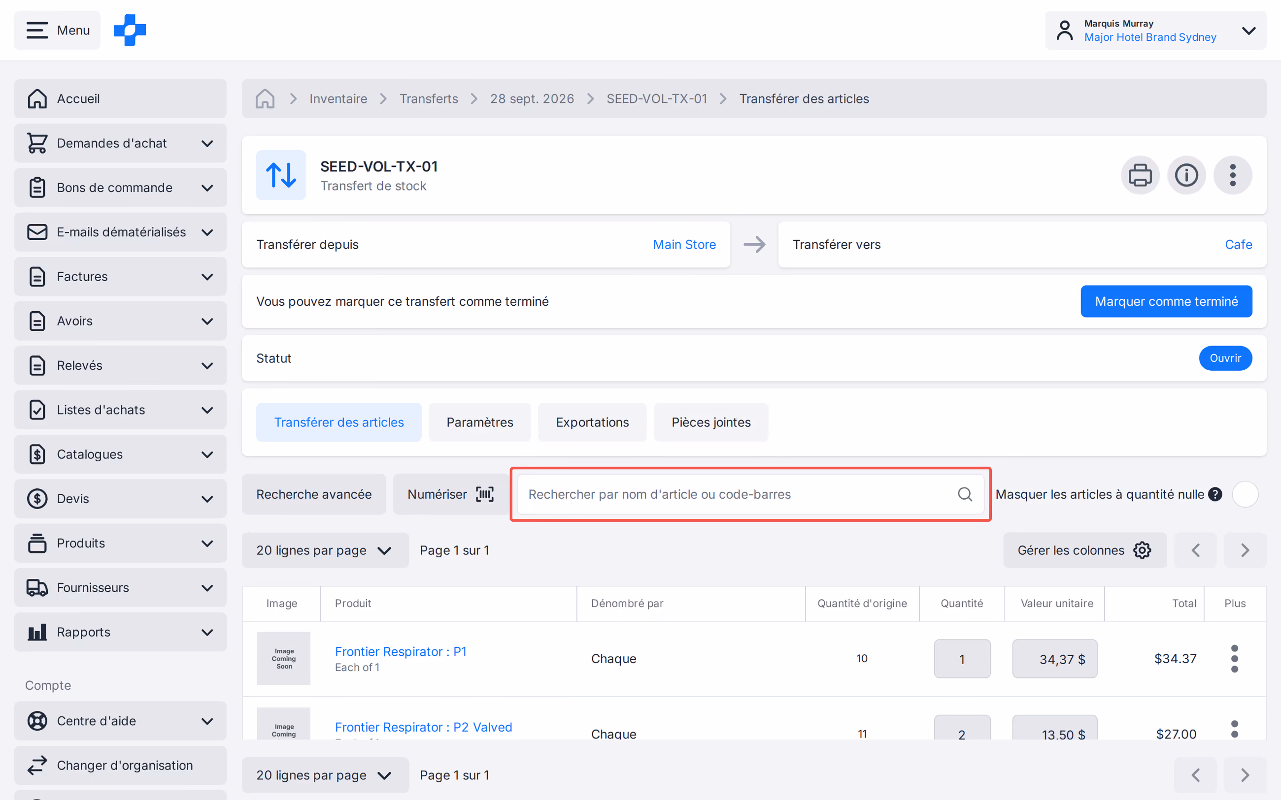 Scan de transfert par nom d'article ou code-barres