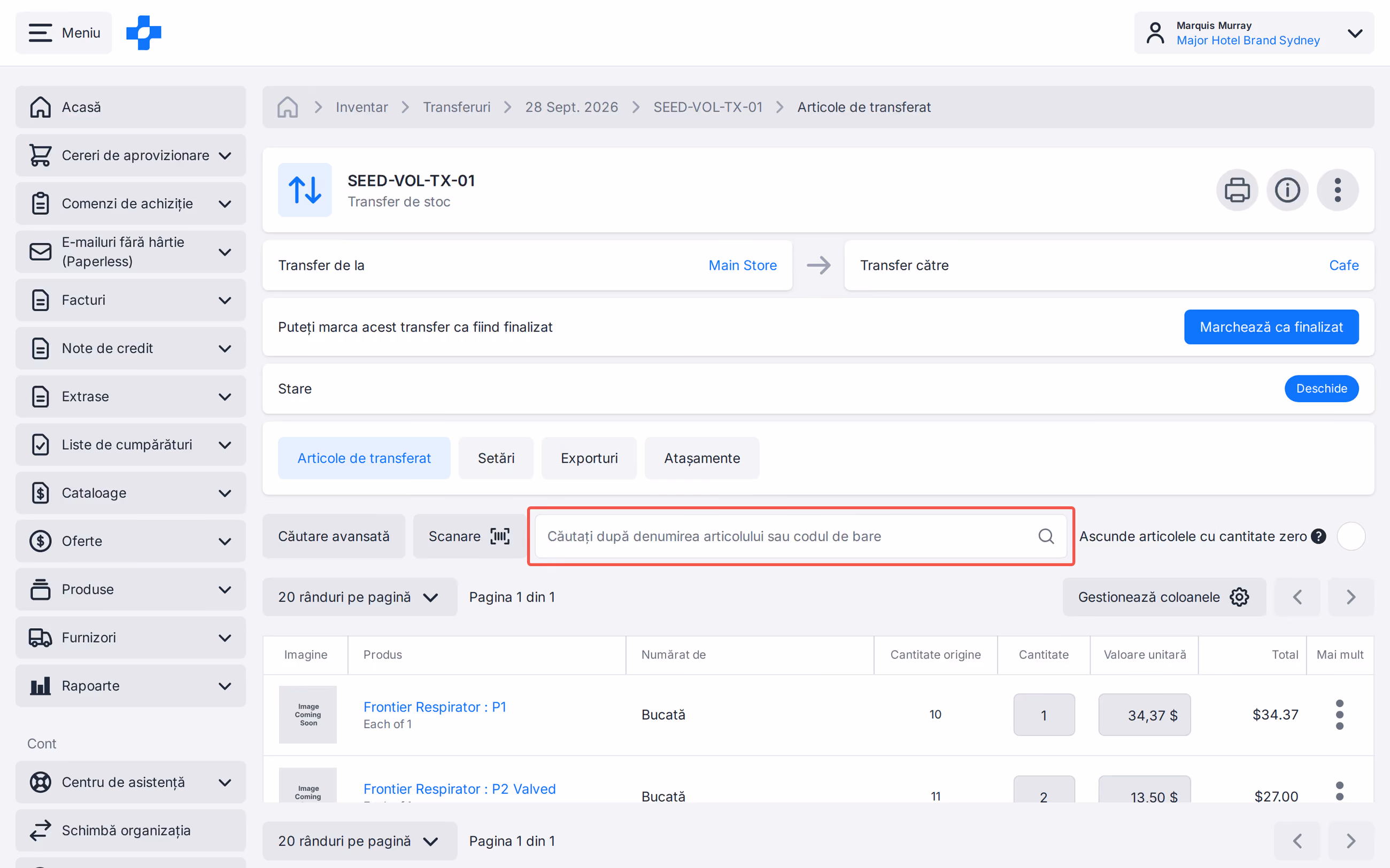 Scanarea transferului după numele articolului sau codul de bare