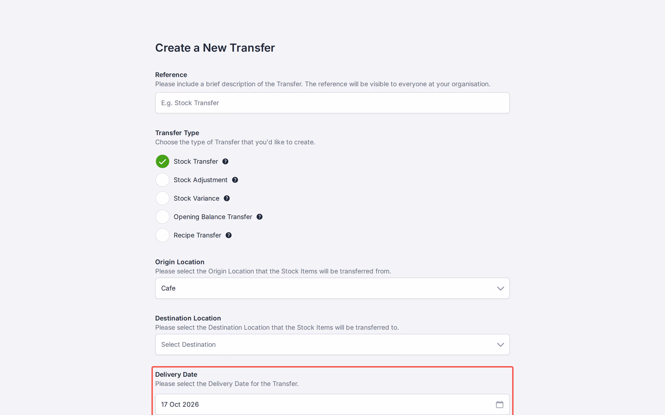Create Transfer Delivery Date under Destination Location