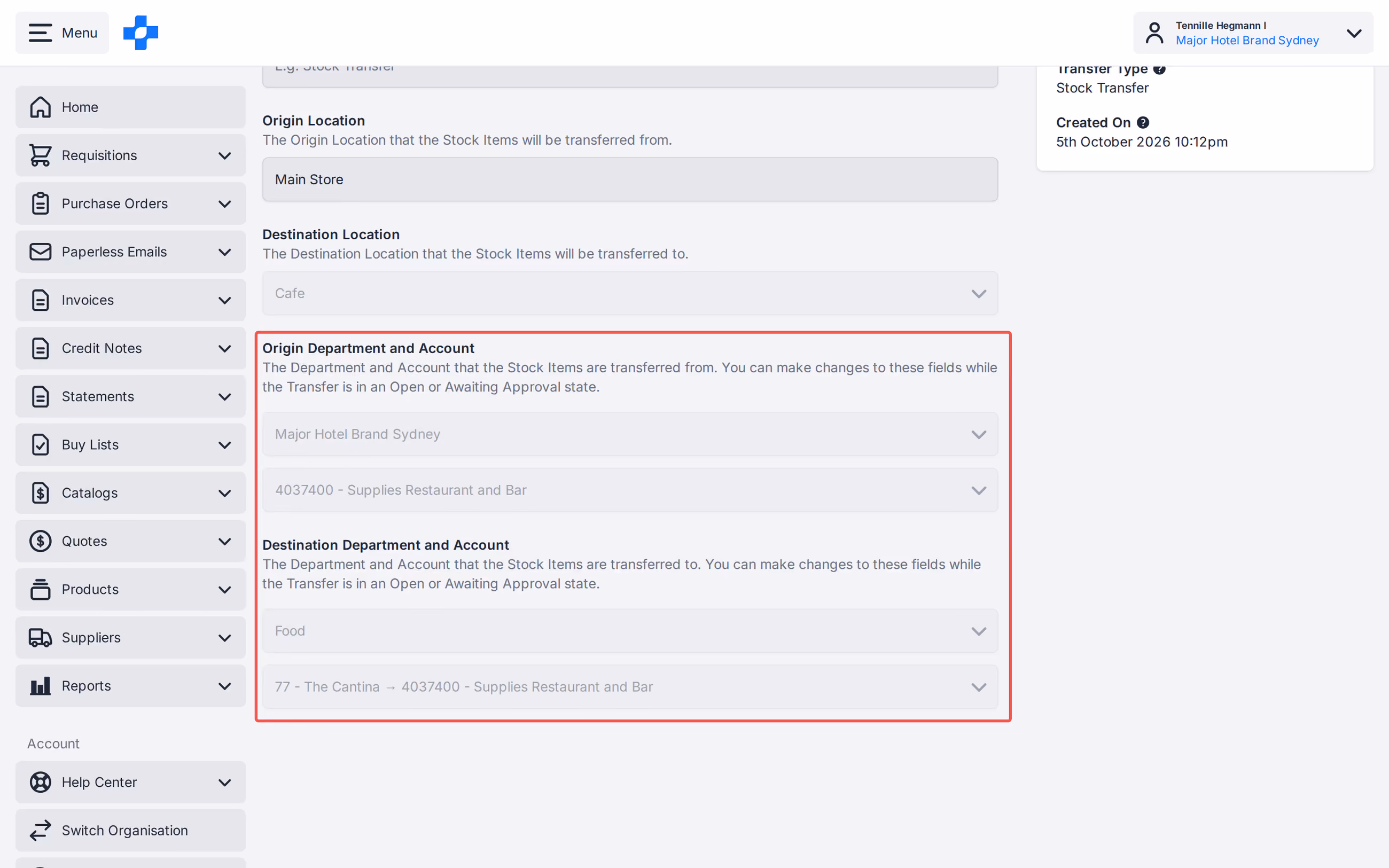 Transfer Settings Origin and Destination Department and Account
