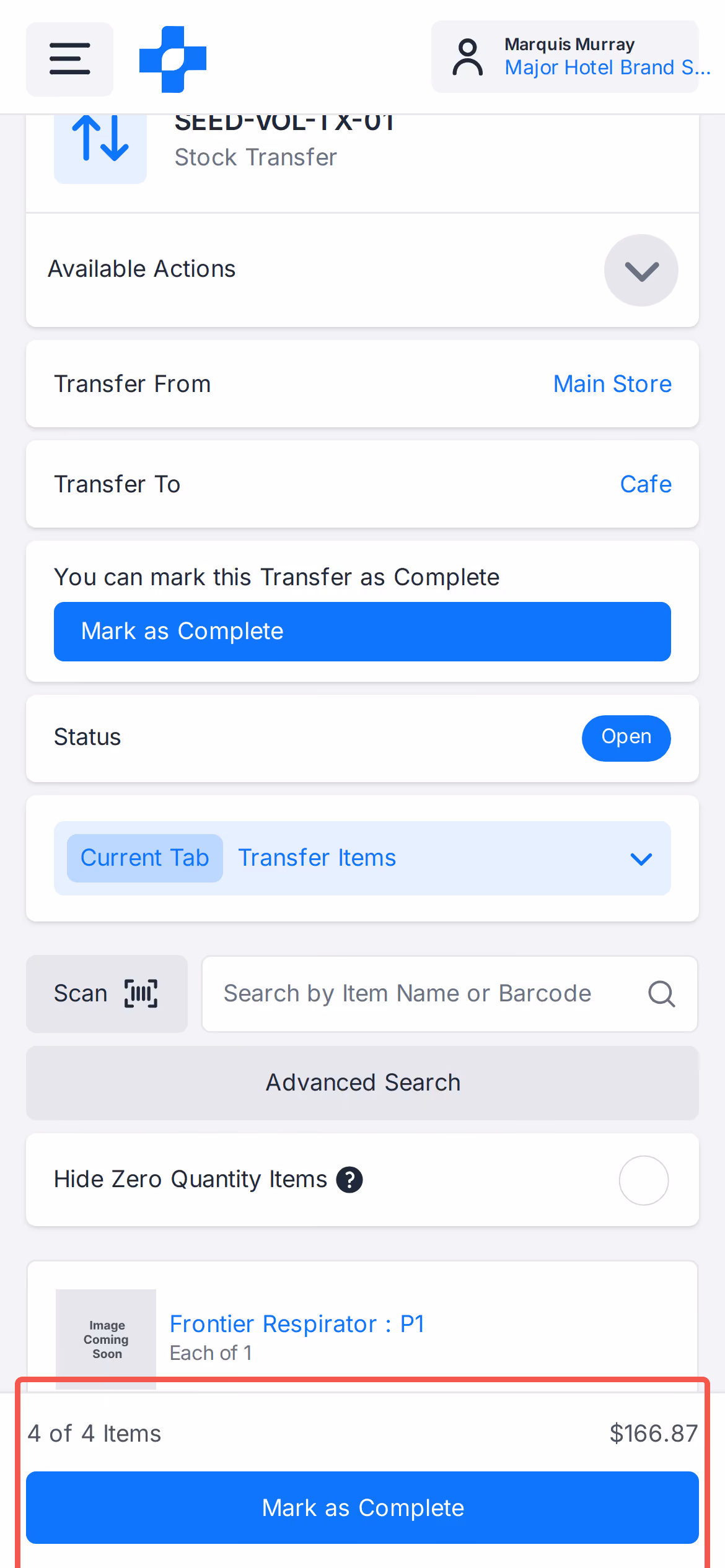 Mobile transfer quantity stepper and pinned approval bar