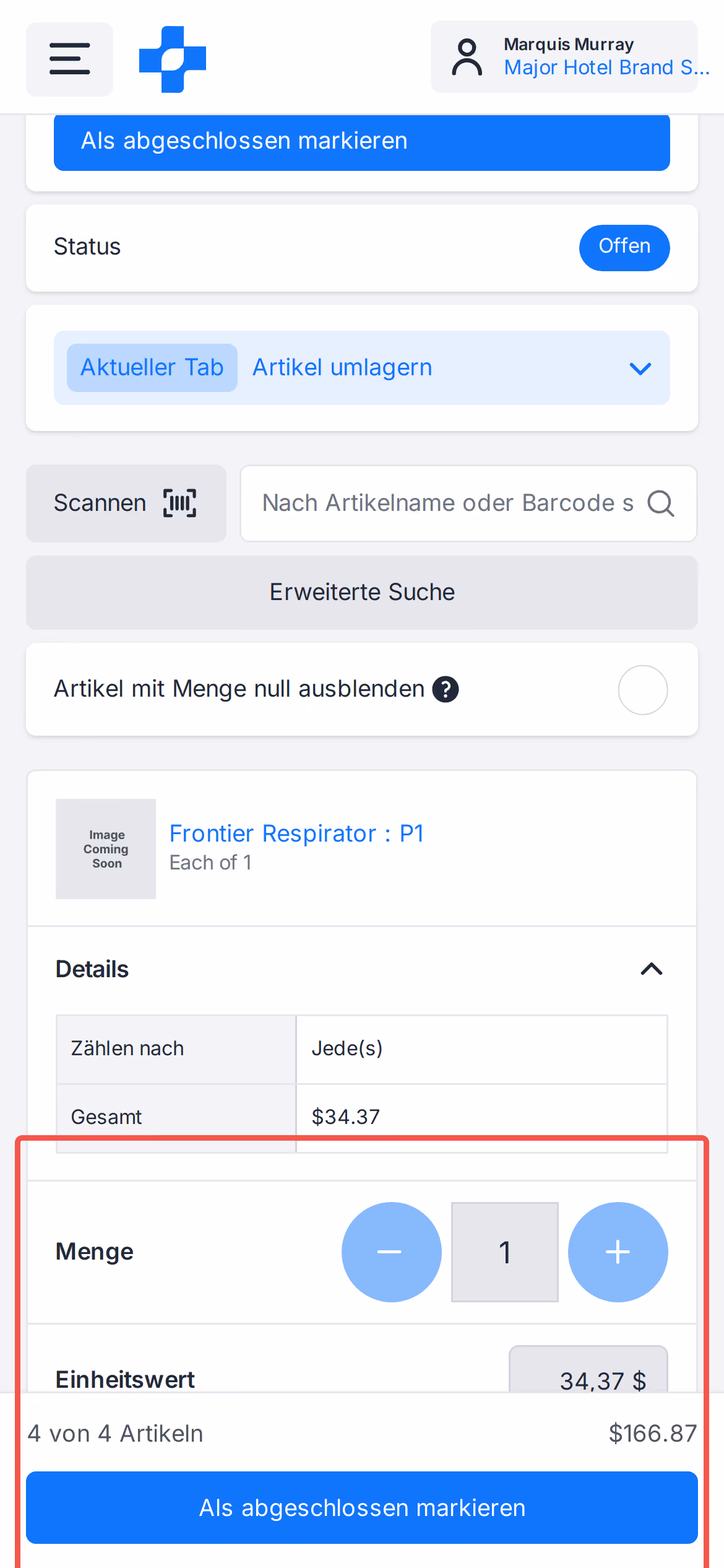 Mobiler Schrittregler für Umlagerungsmengen und fixierte Genehmigungsleiste