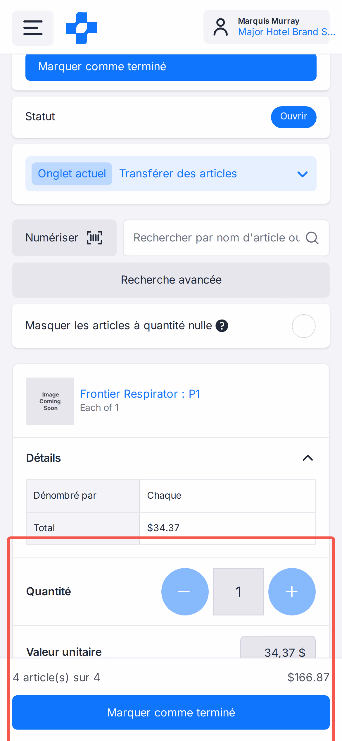 Sélecteur de quantité de transfert sur mobile et barre d'approbation épinglée