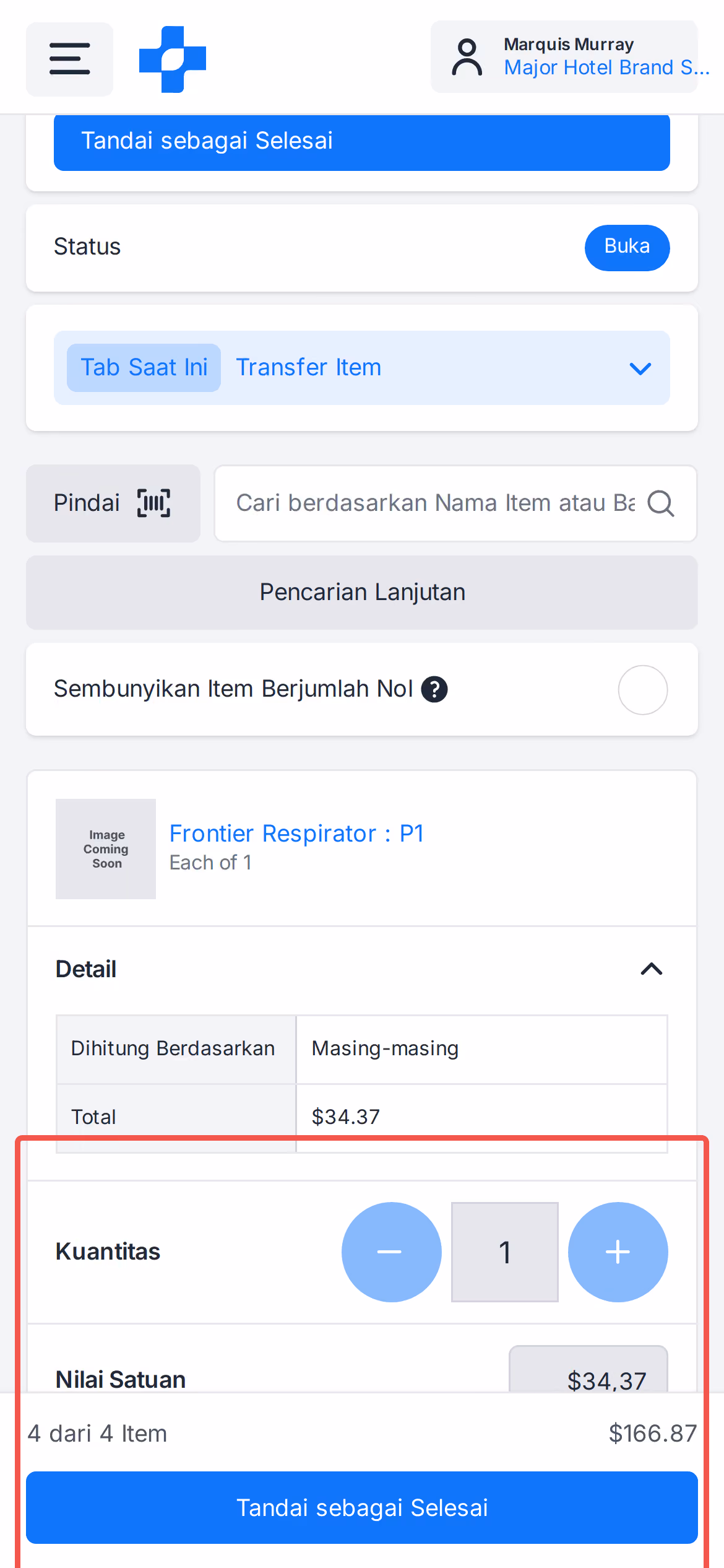 Pengubah kuantitas transfer ponsel dan bilah persetujuan tersemat