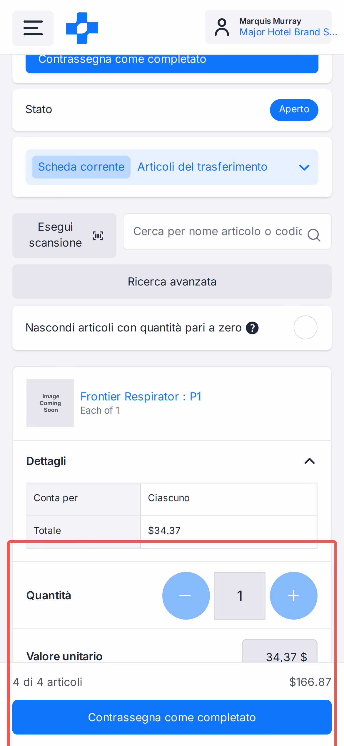 Selettore di quantità mobile e barra di approvazione fissa per il trasferimento