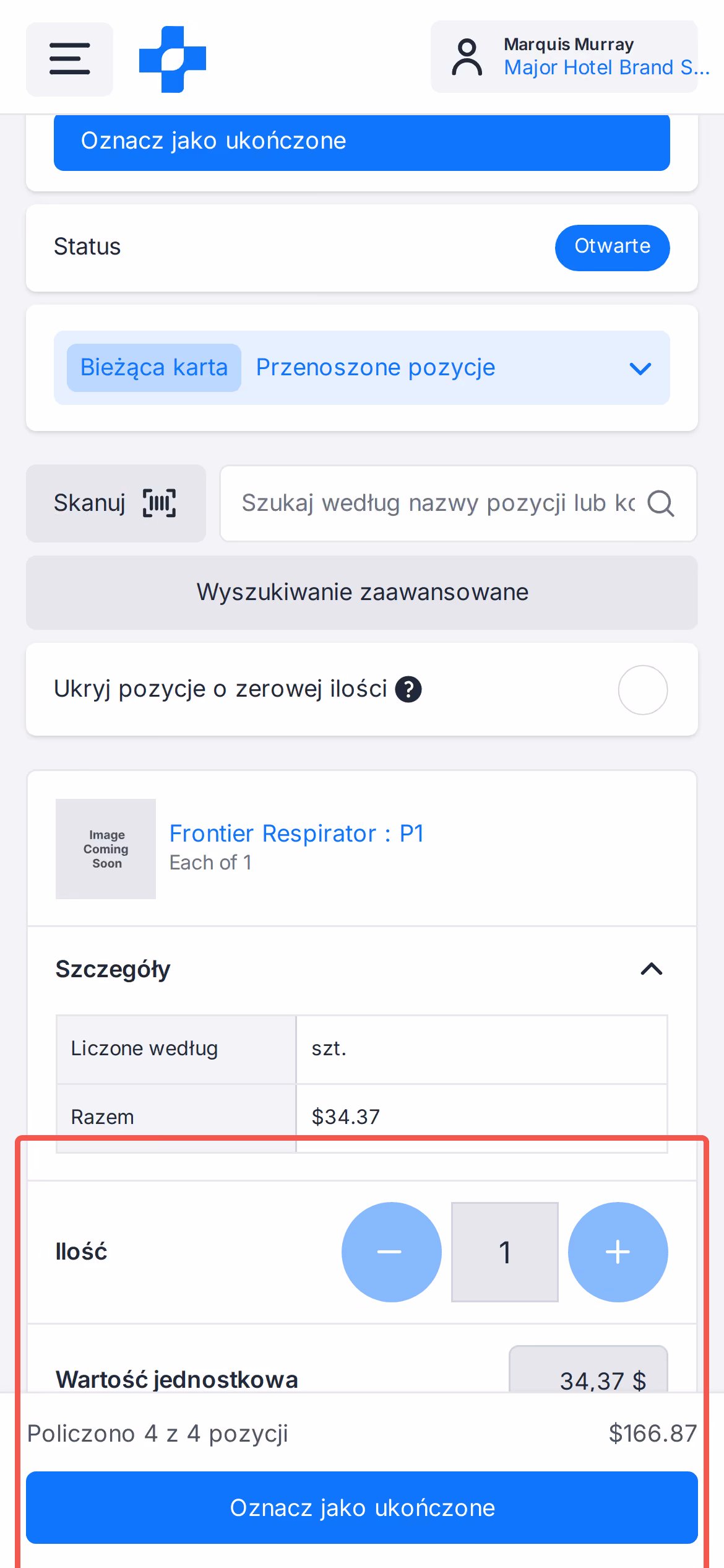 Mobilny selektor ilości transferu i przypięty pasek zatwierdzania