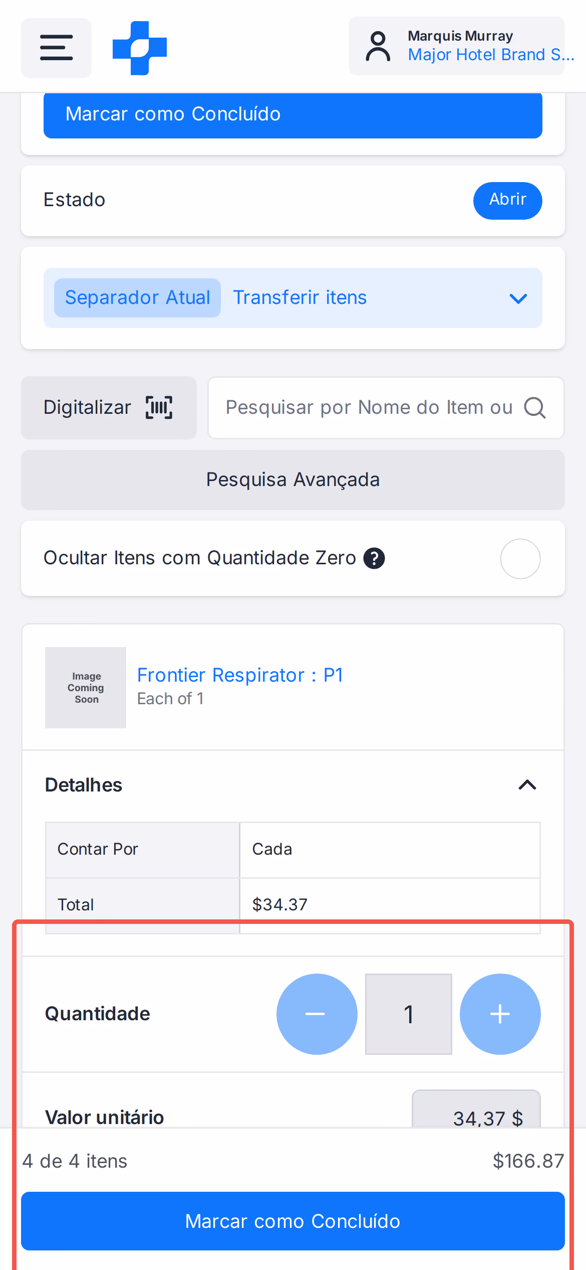 Seletor de quantidade de transferência móvel e barra de aprovação fixa