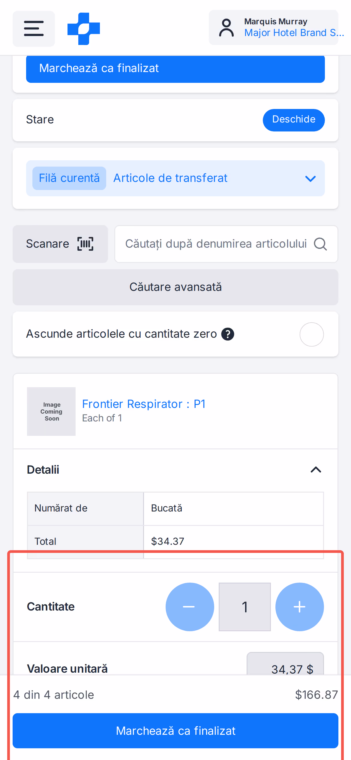 Selector mobil pentru cantitatea transferului și bară fixată de aprobare