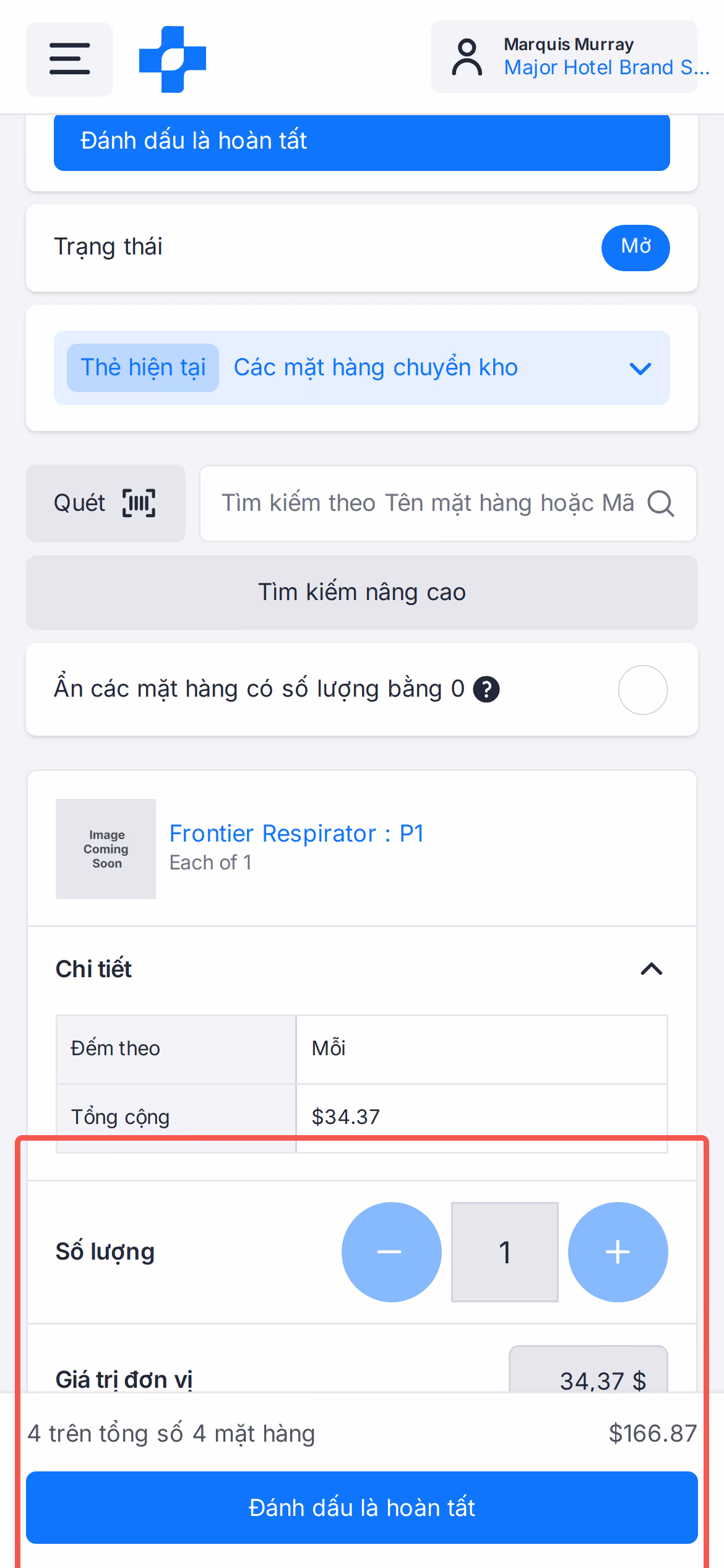 Bộ tăng giảm số lượng chuyển kho trên thiết bị di động và thanh phê duyệt được ghim