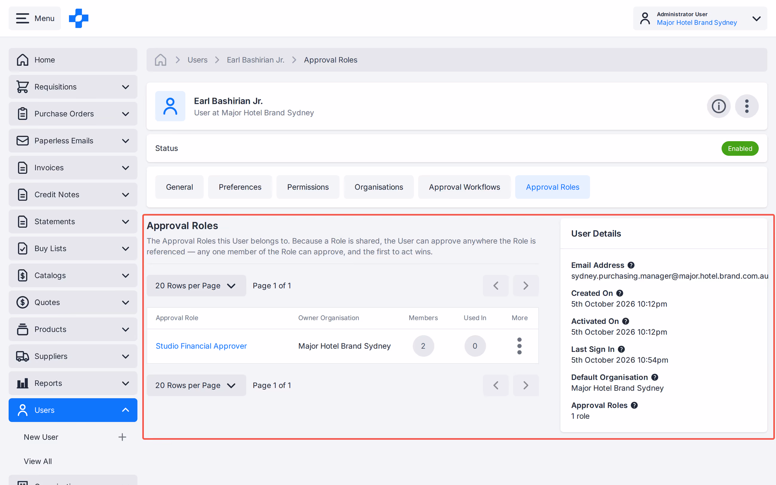 User profile Approval Roles tab