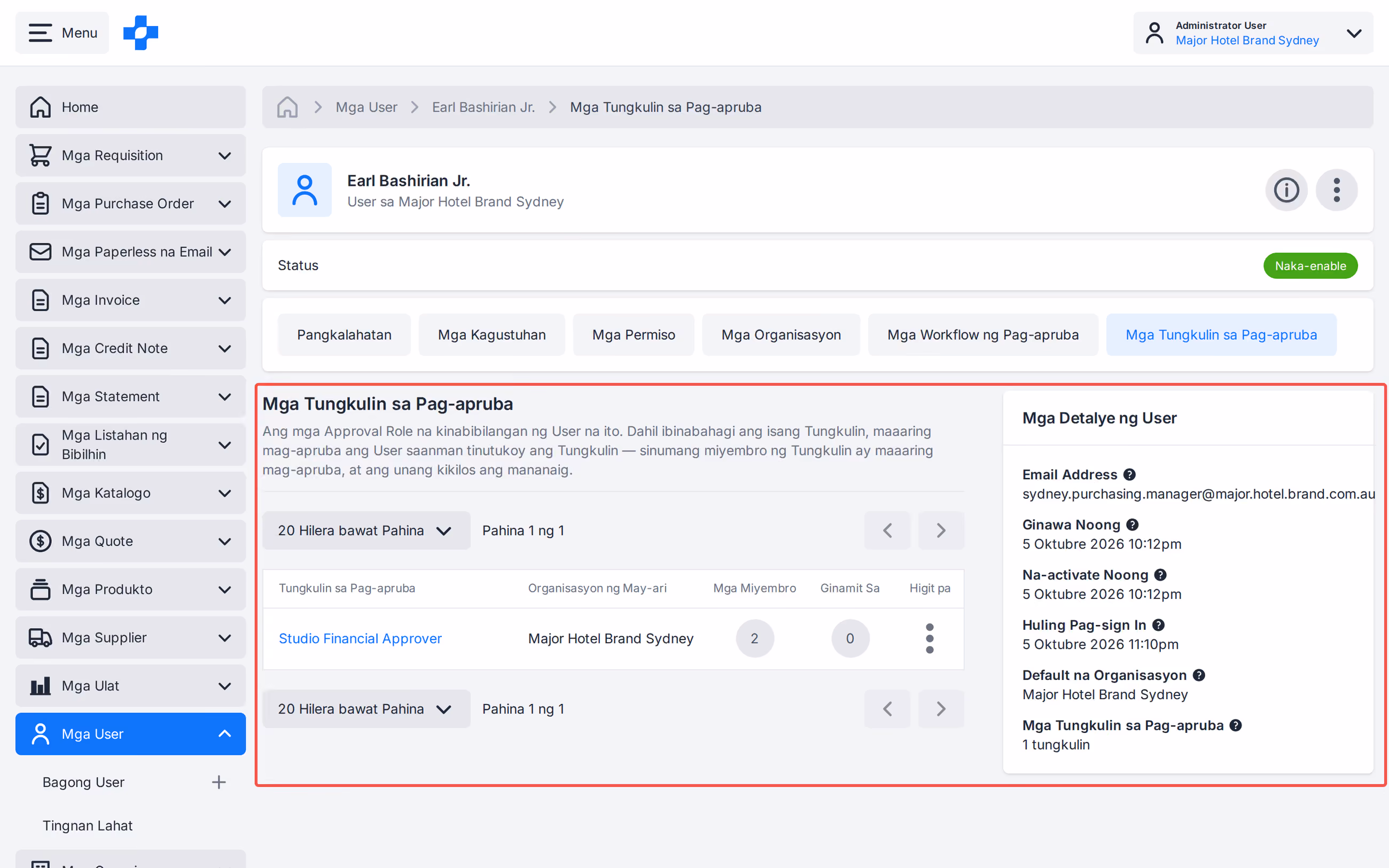 User profile Approval Roles tab