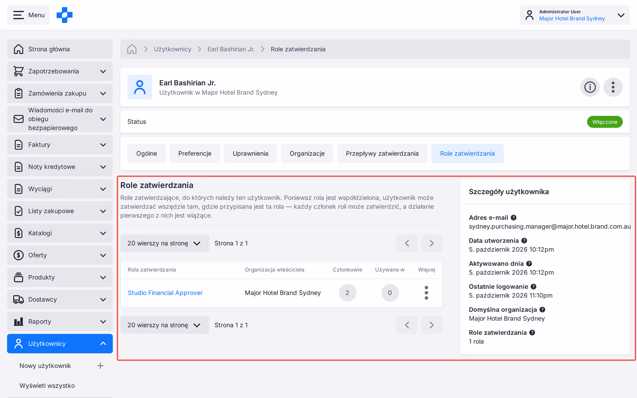 Zakładka Role zatwierdzania w profilu użytkownika