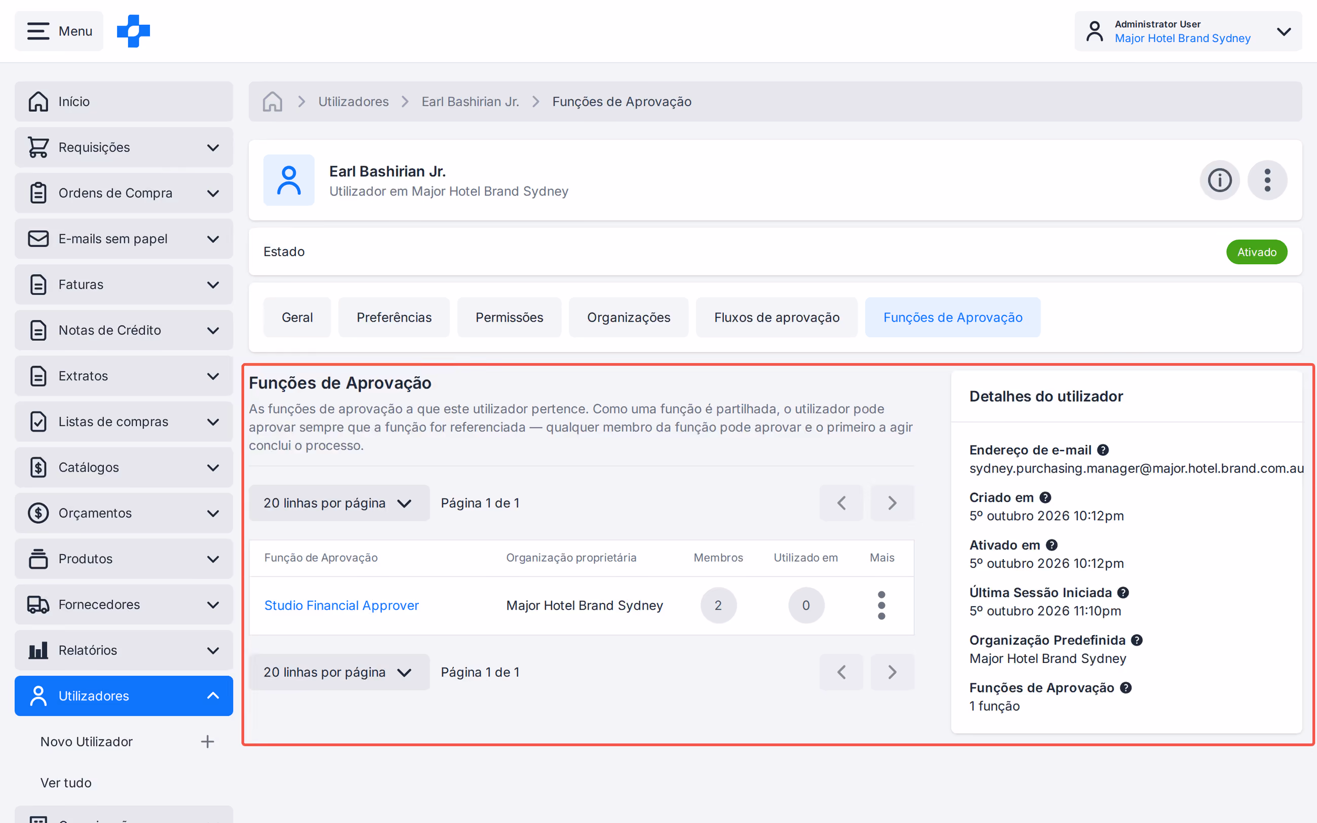 Separador Funções de Aprovação no perfil do Utilizador