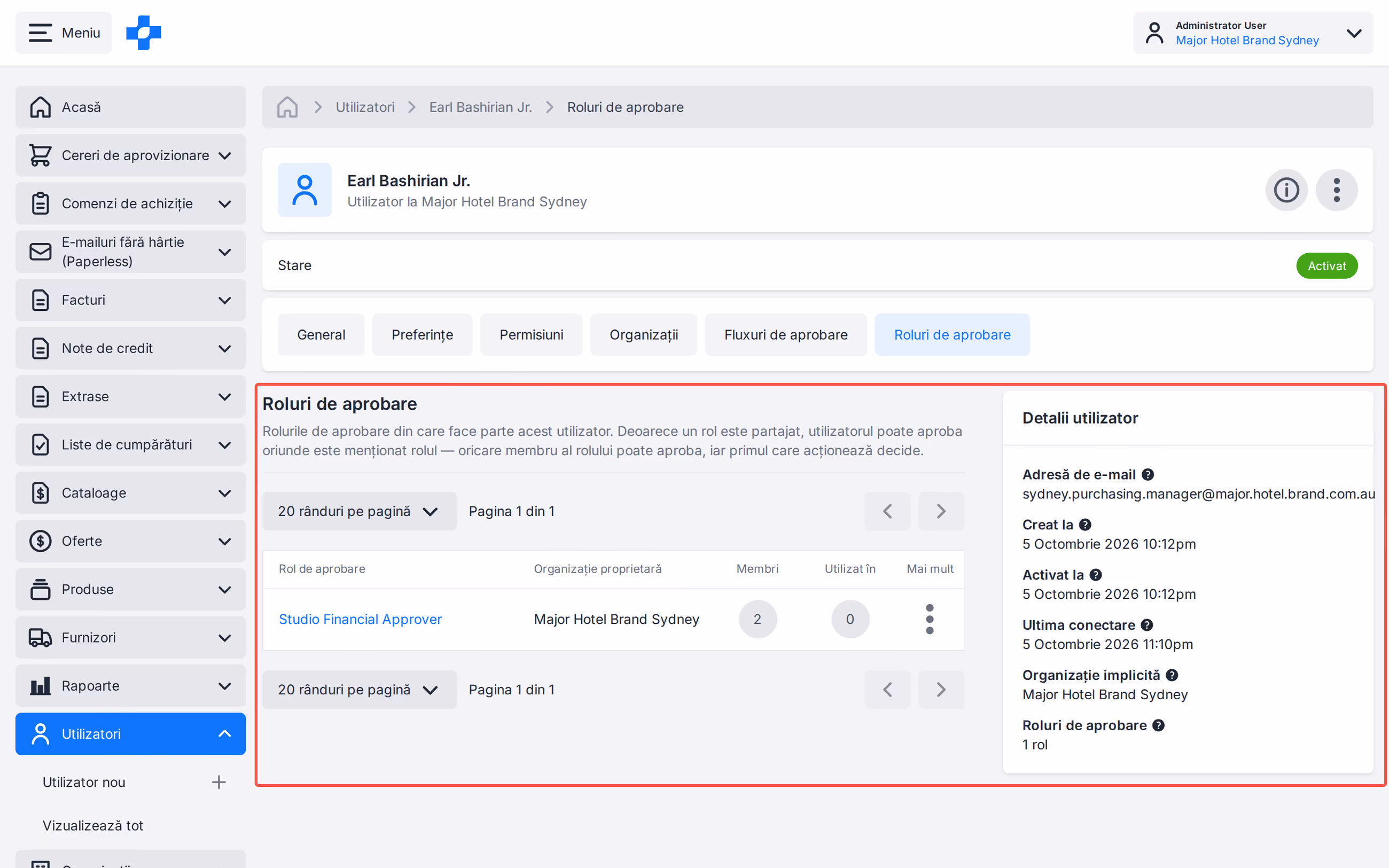 User profile Approval Roles tab