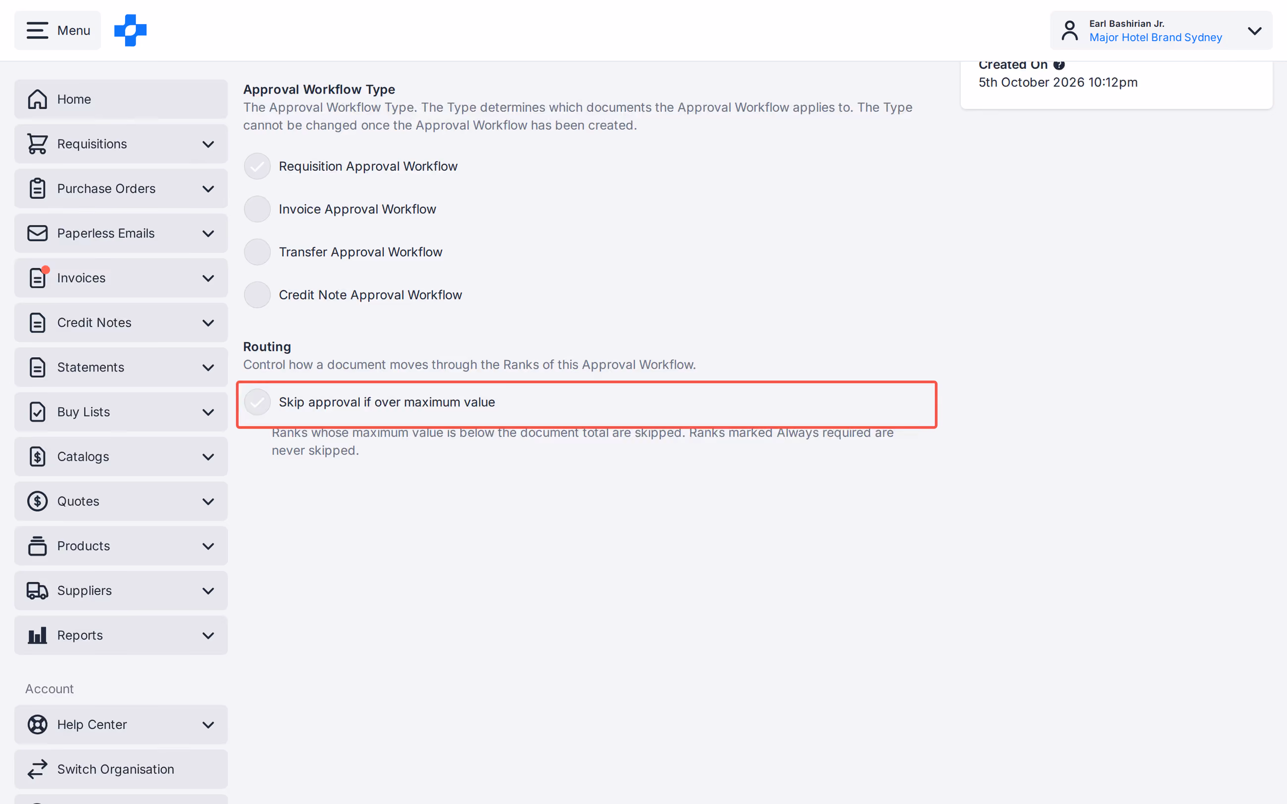 Workflow Settings Skip approval if over maximum value