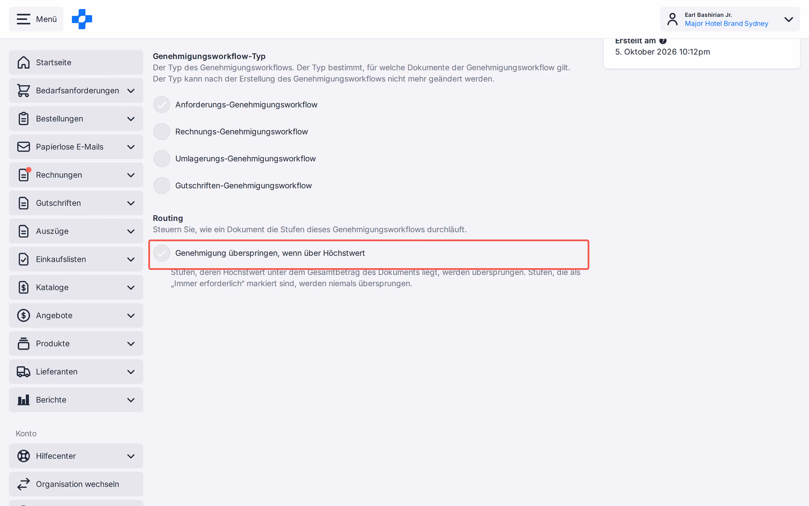 Workflow-Einstellungen Genehmigung überspringen, wenn über dem Maximalwert