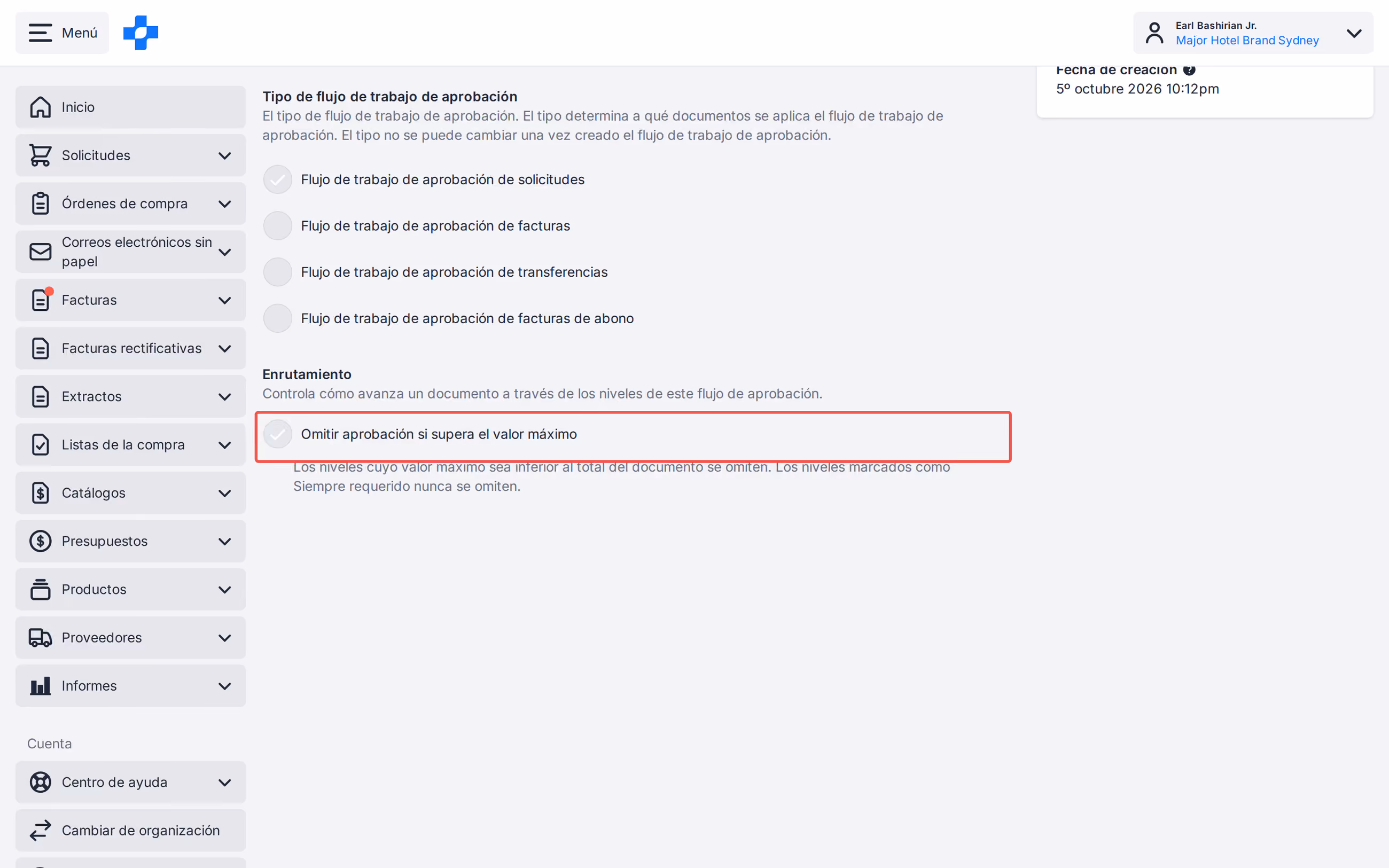 Configuración del flujo de trabajo Skip approval if over maximum value