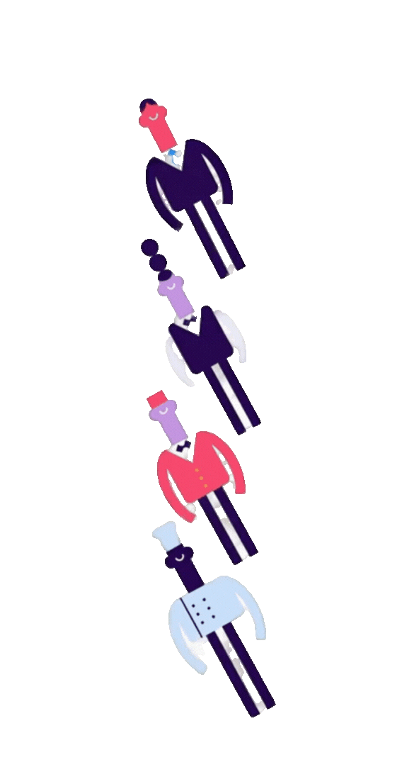 Stylized vertical illustration of four hospitality staff including a chef and servers