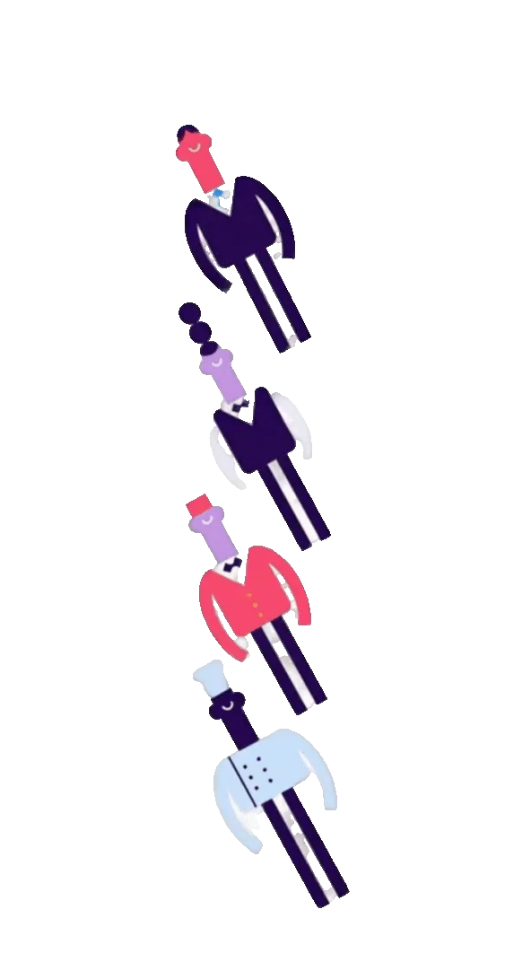 Stylized vertical illustration of four hospitality staff including a chef and servers
