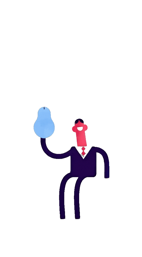 Stylized smiling figure in a suit holding a light blue object