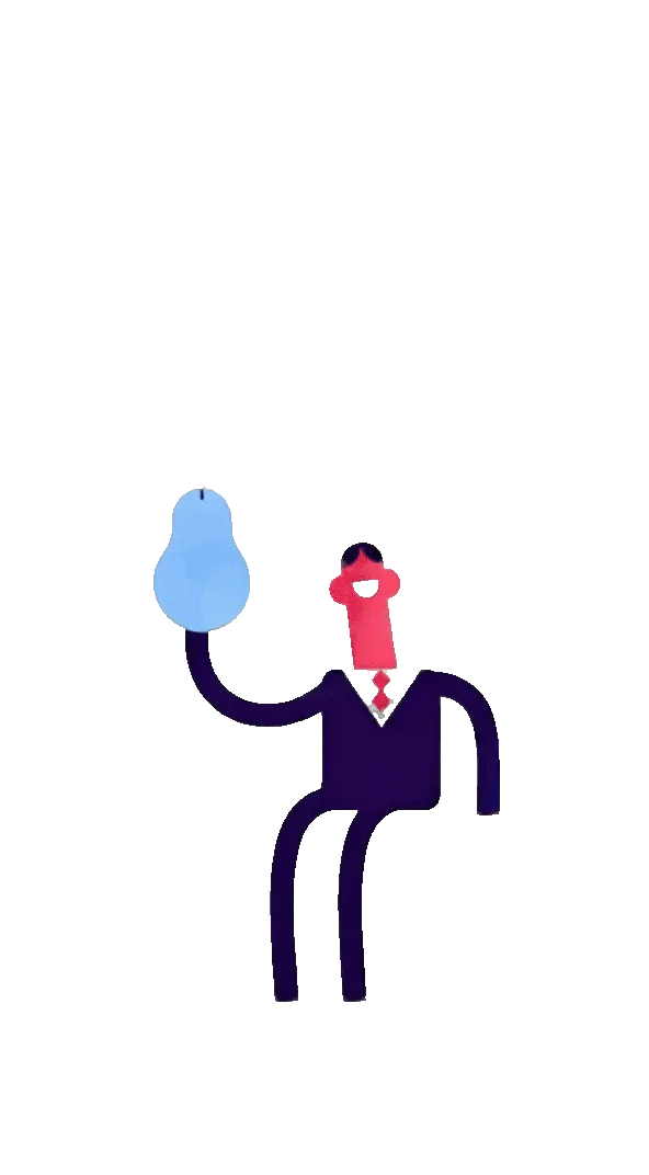 Stylized smiling figure in a suit holding a light blue object