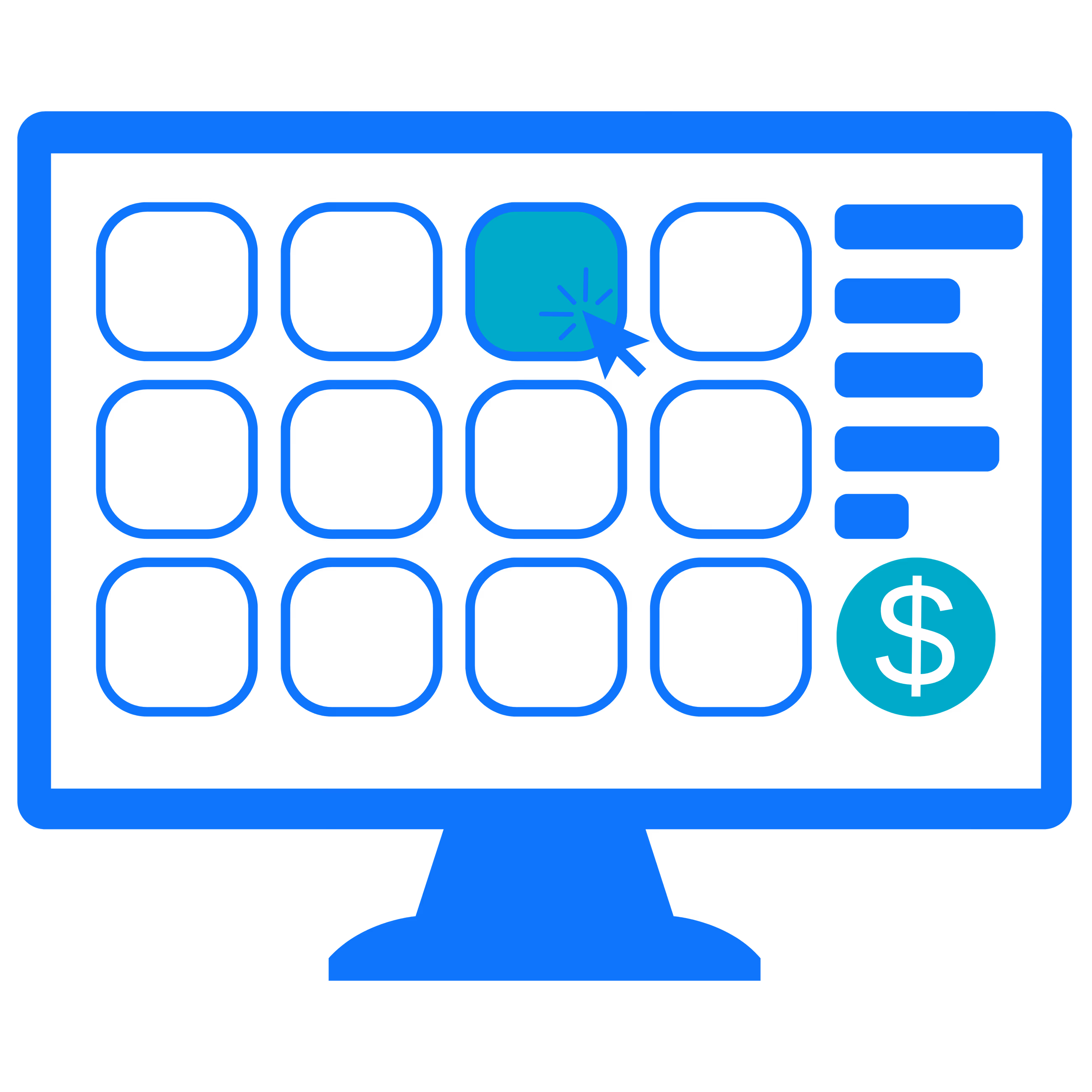 Illustration of a product catalogue grid on a monitor with a selected item and dollar icon
