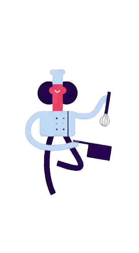 Stylized chef character holding a whisk and pan