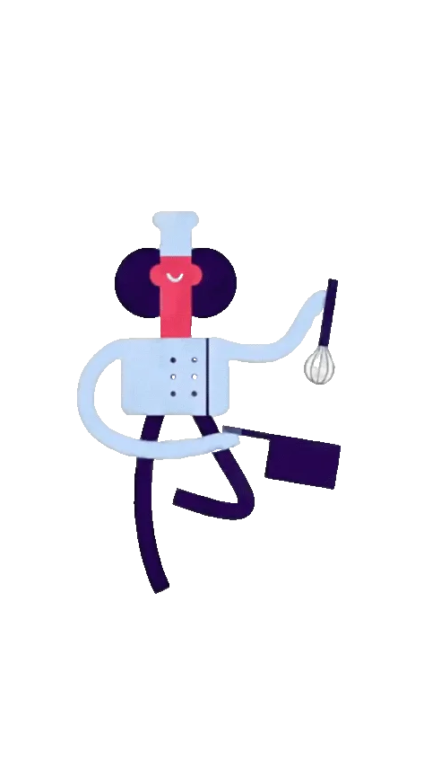 Stylized chef character holding a whisk and pan