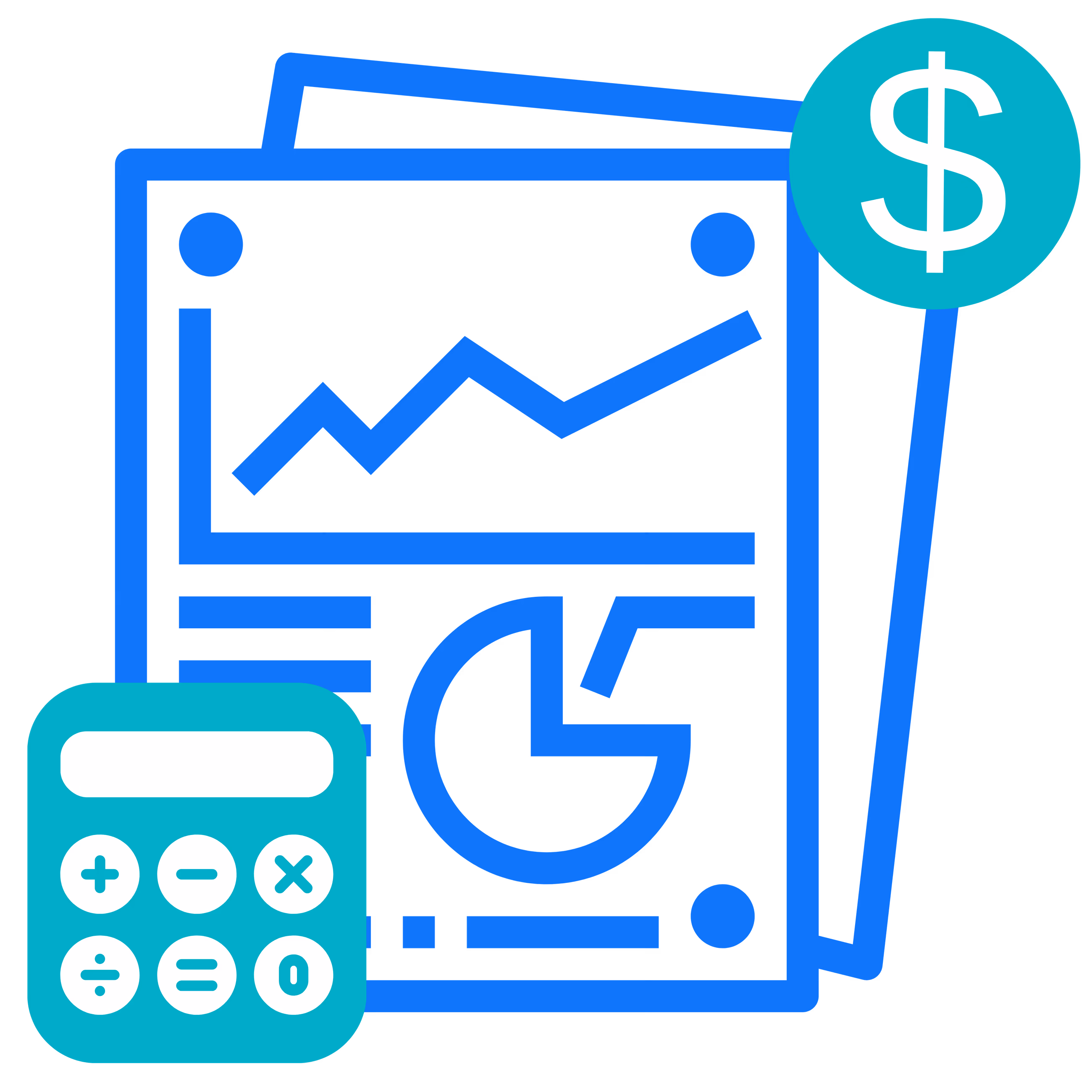 Illustration of financial reports with a calculator and dollar symbol