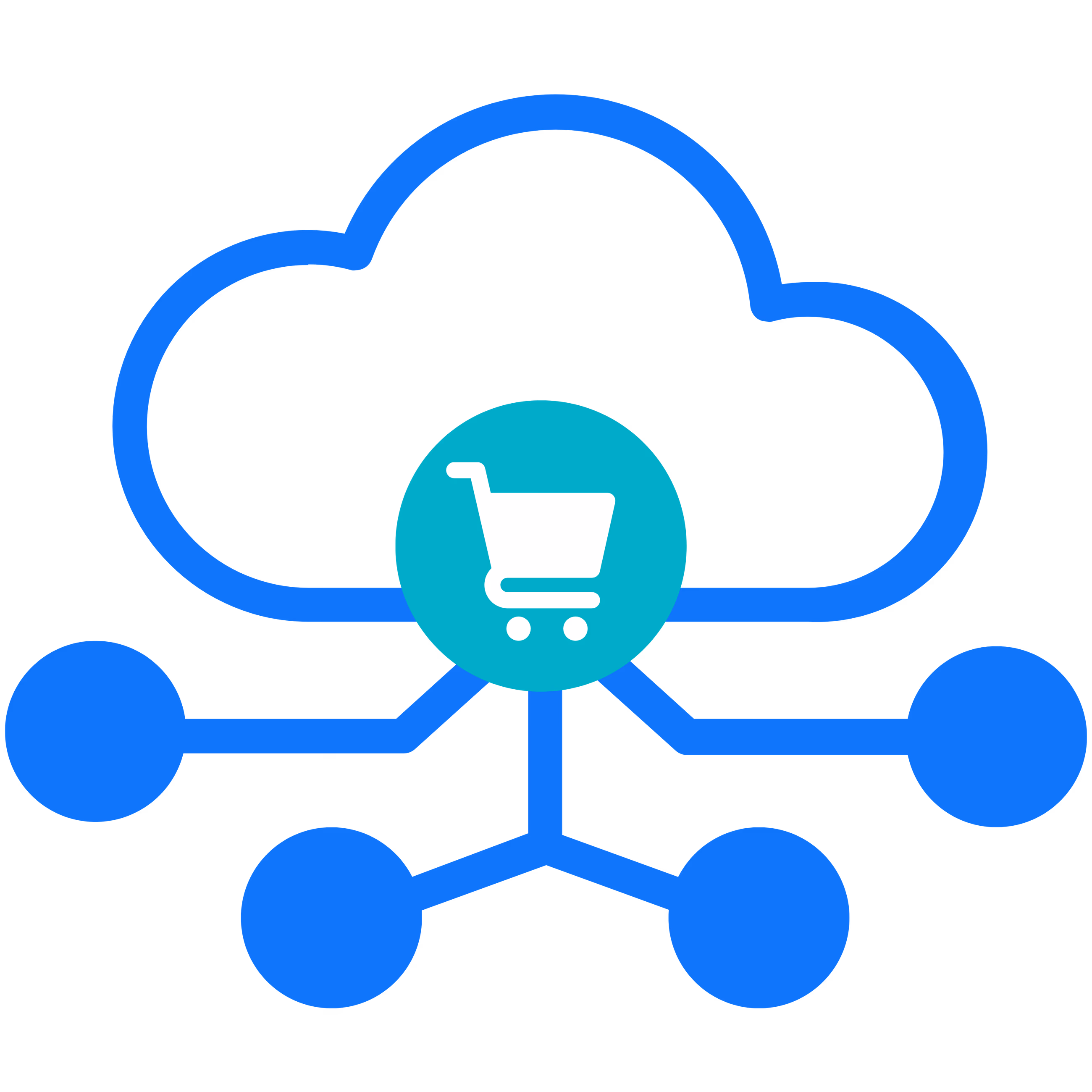 Cloud network icon with shopping cart connecting to multiple nodes