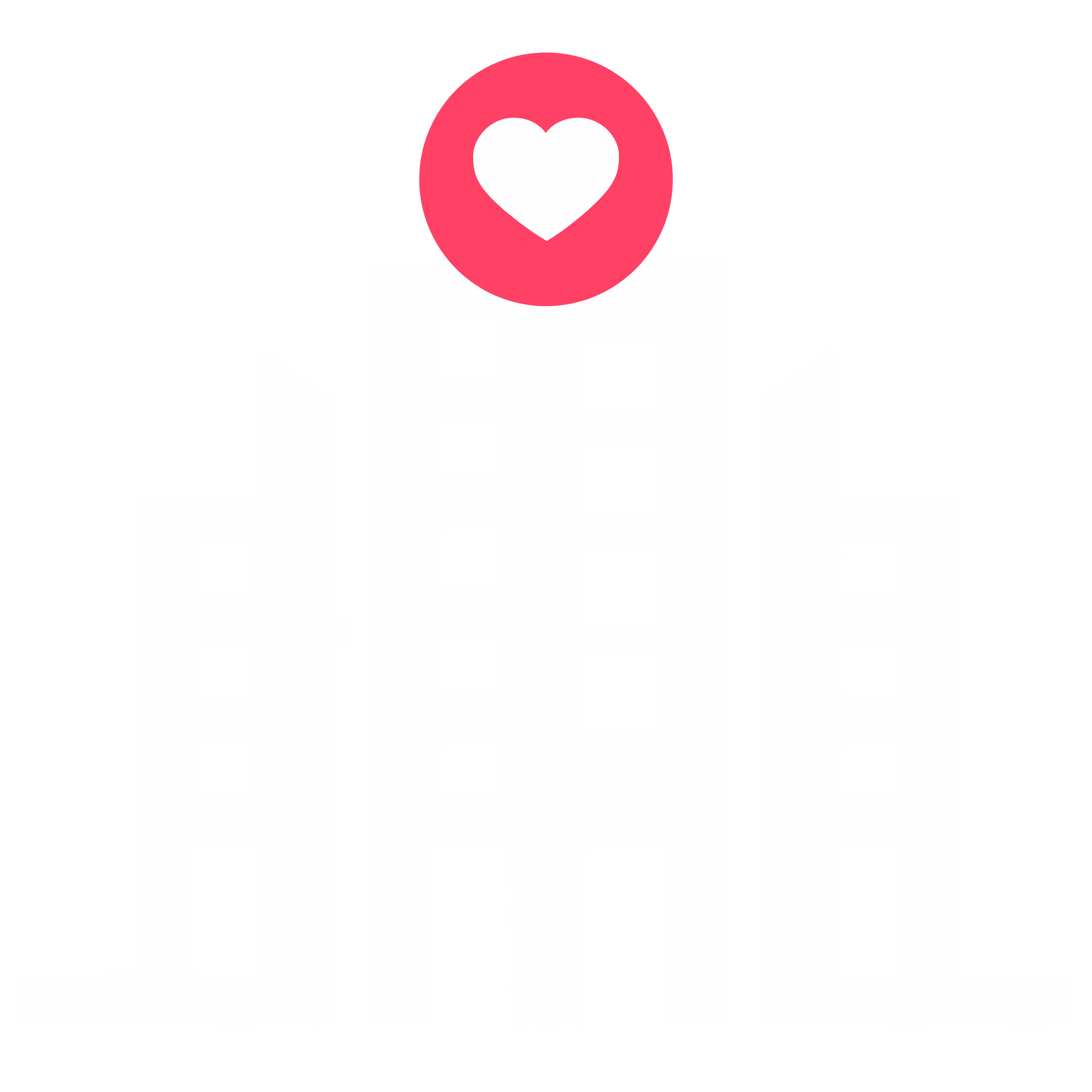 White building skyline icon with a pink heart badge