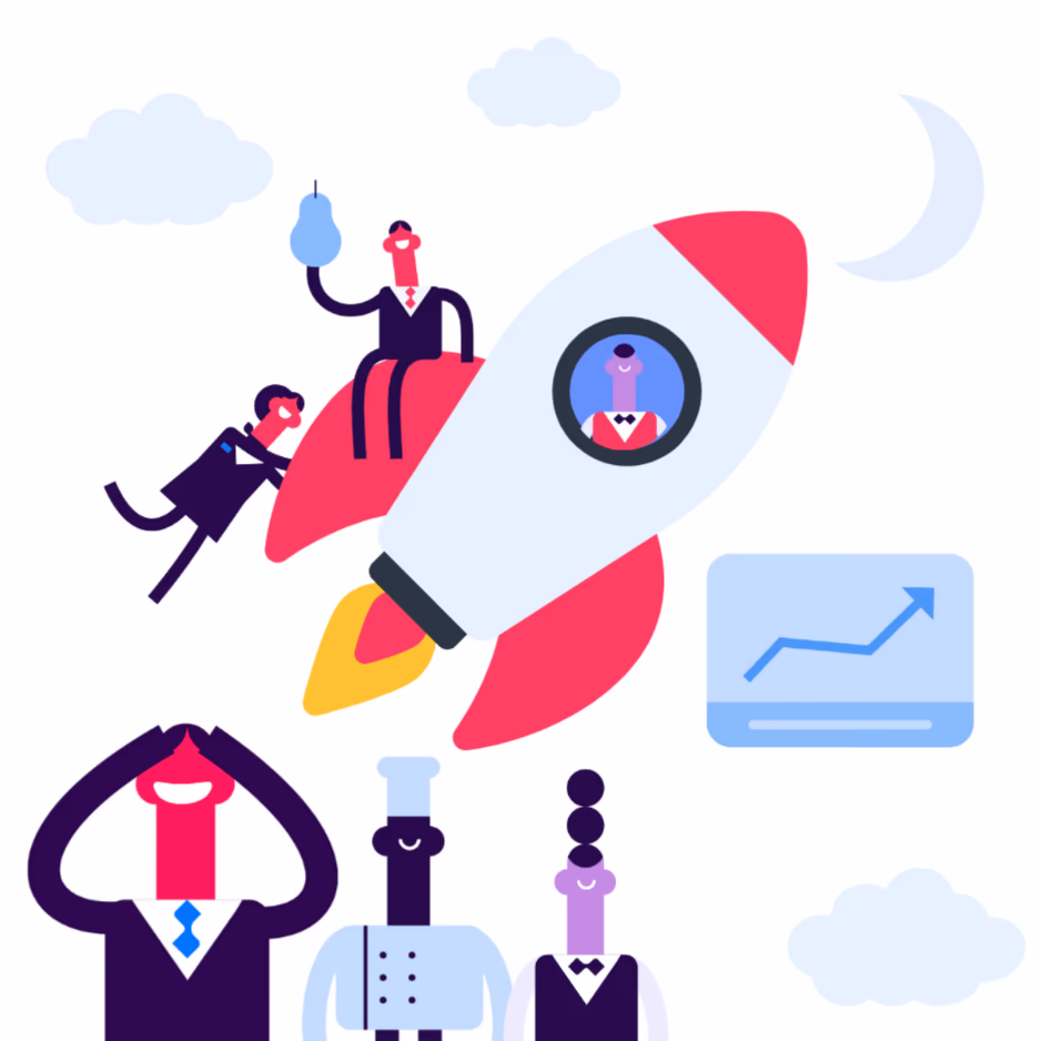 Illustration of hospitality team launching a rocket with growth chart