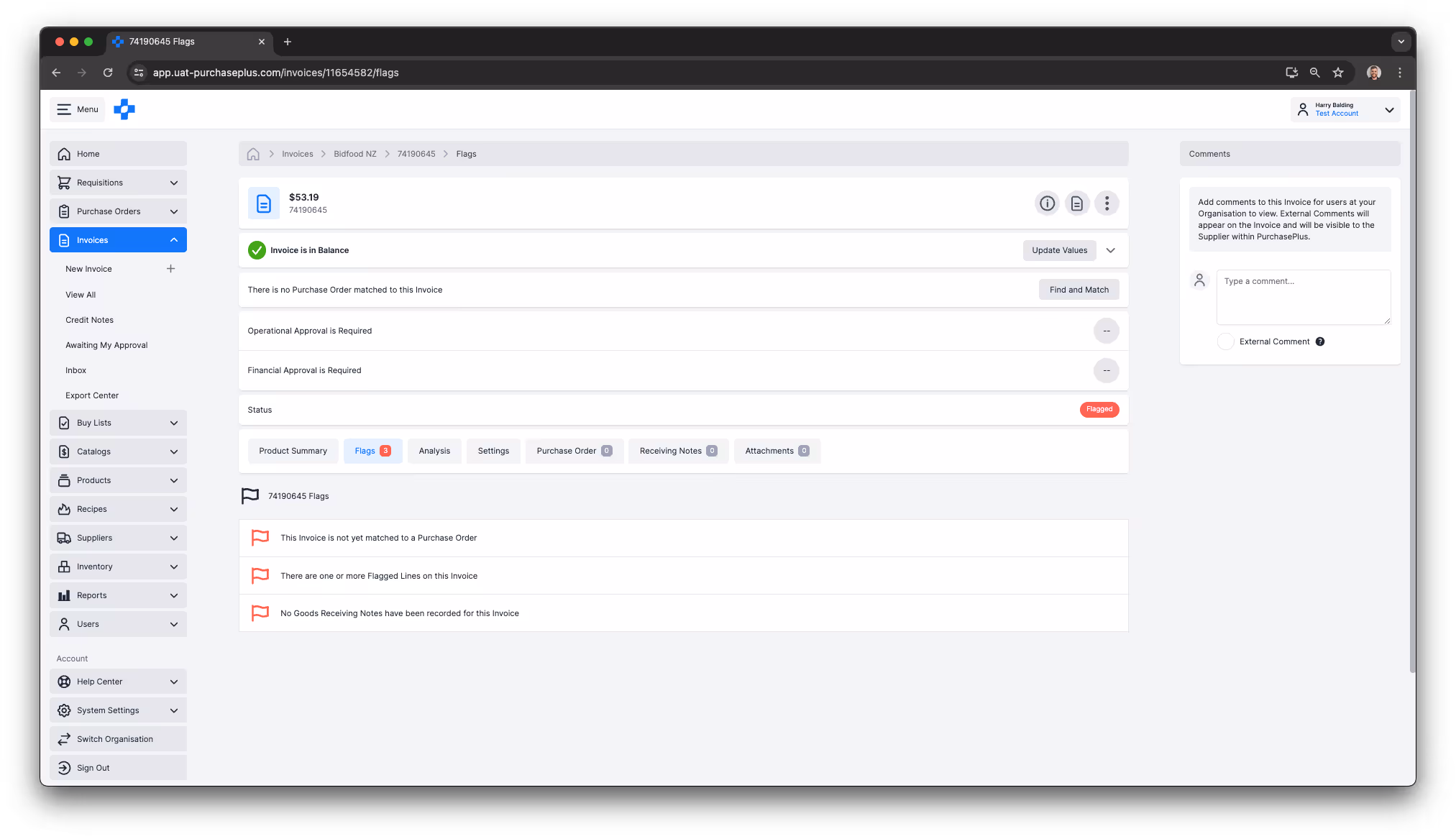 Invoice Flags tab listing unmatched PO and receiving note warnings