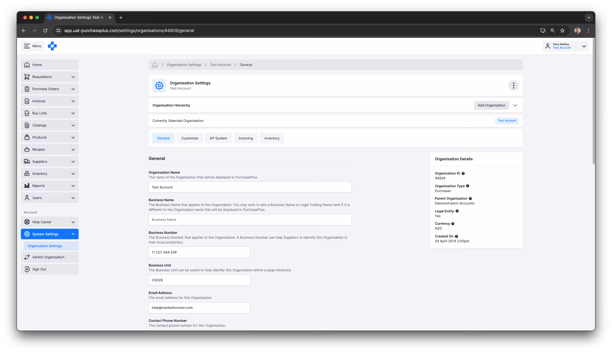 Organisation Settings general form with business details