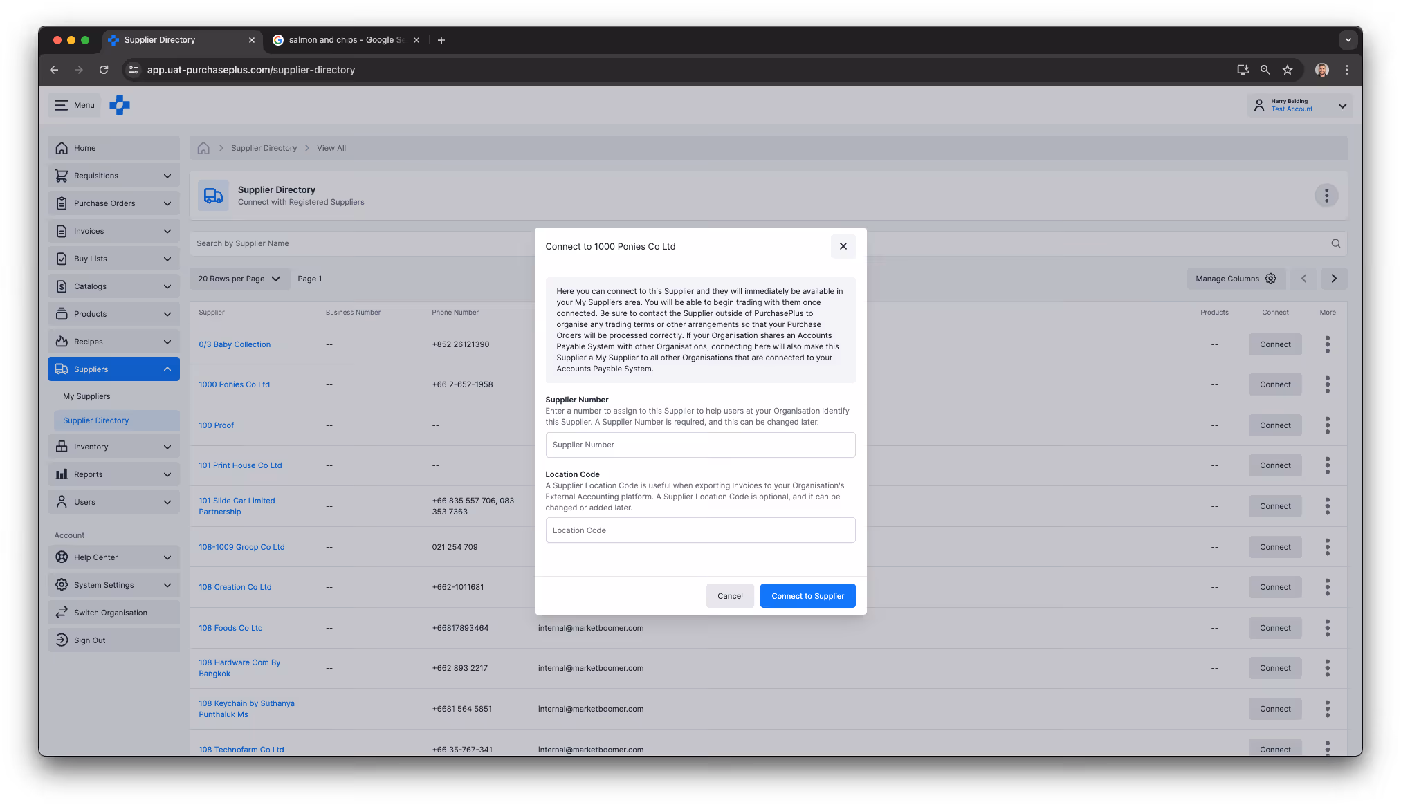 Connect to Supplier modal in the Supplier Directory