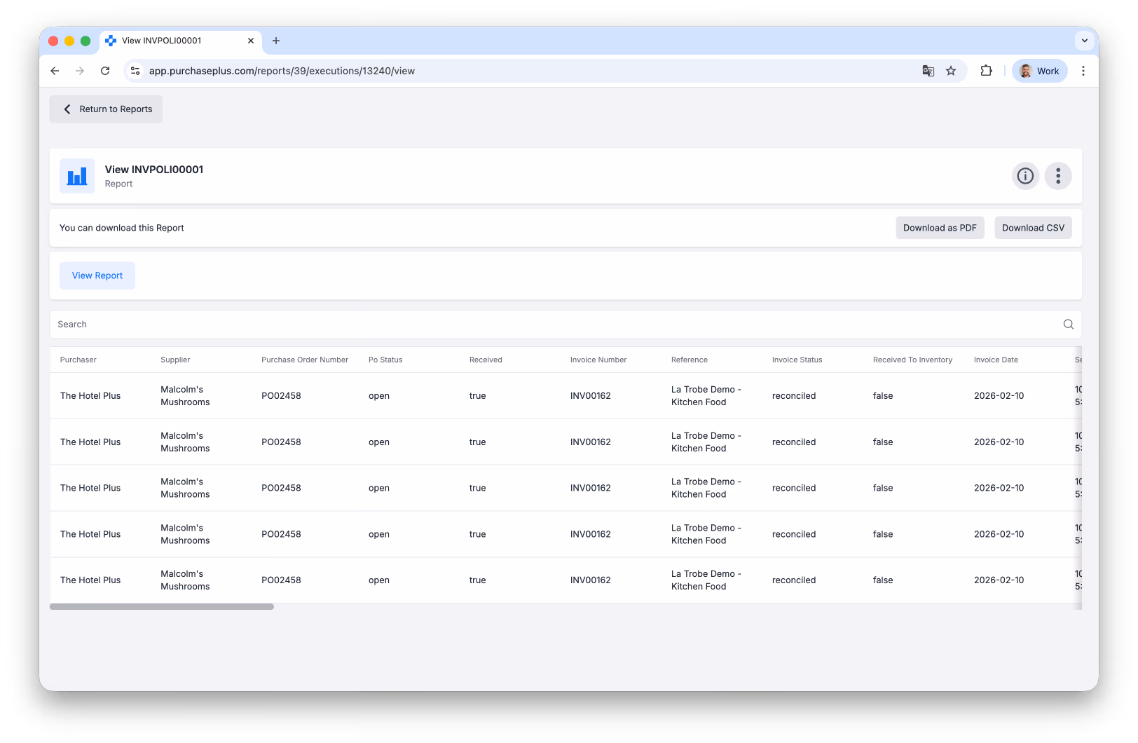 Invoice and purchase order lines report table with download options