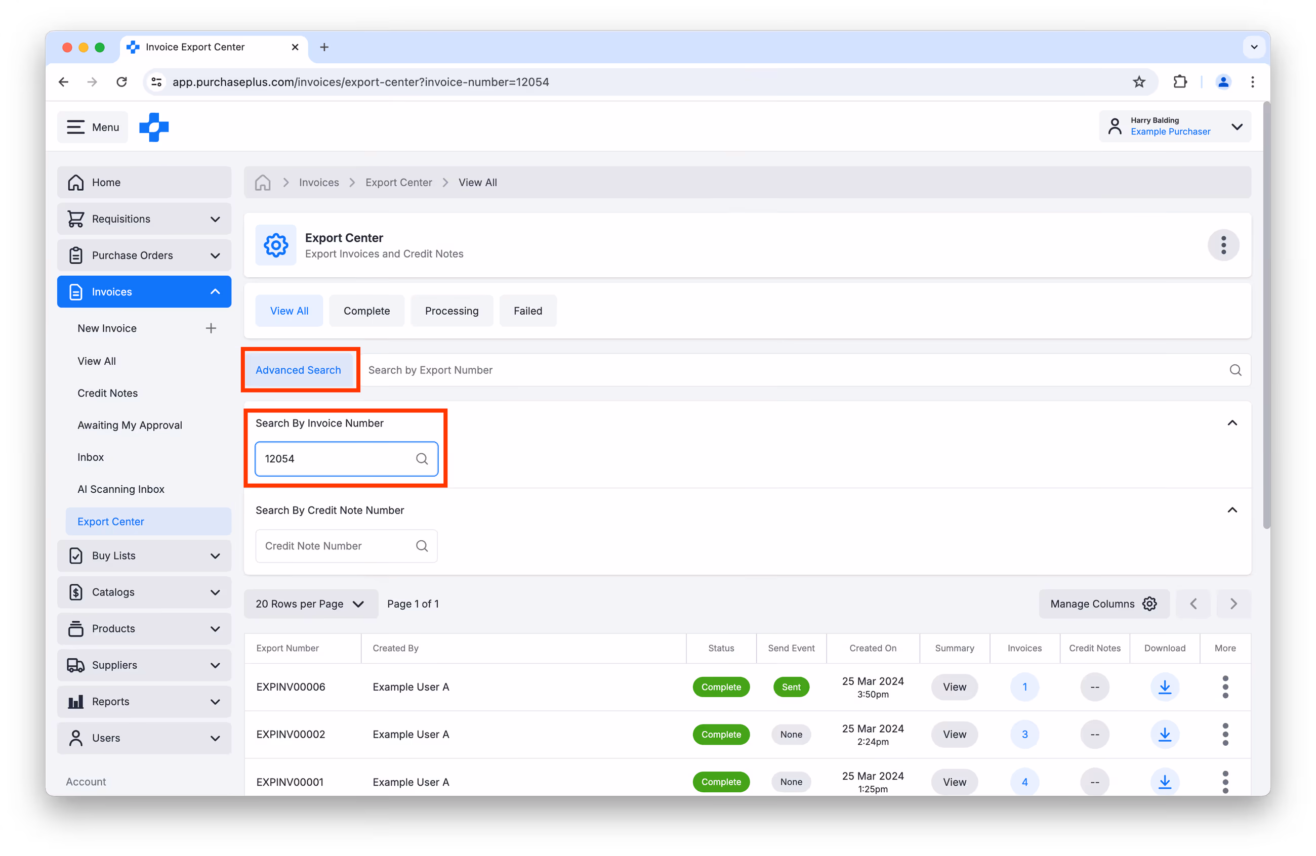 Advanced Search the Export Centre by Invoice Number