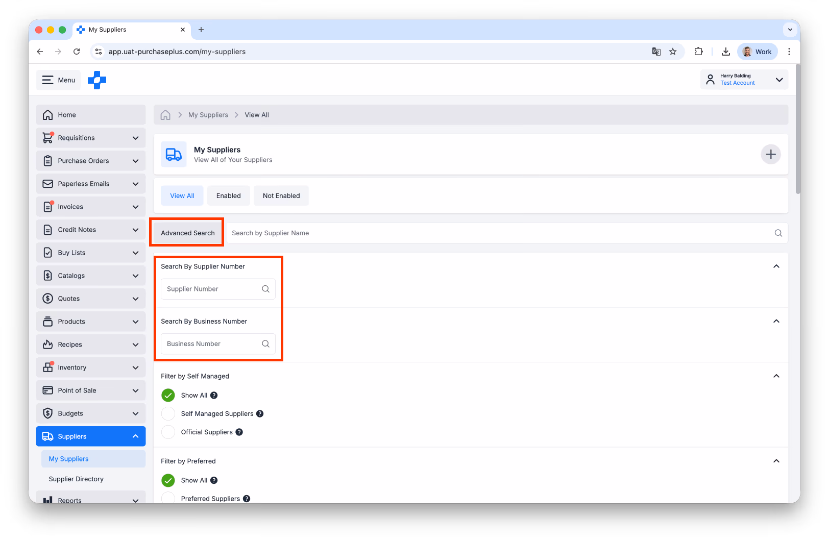 My Suppliers advanced search by supplier and business number