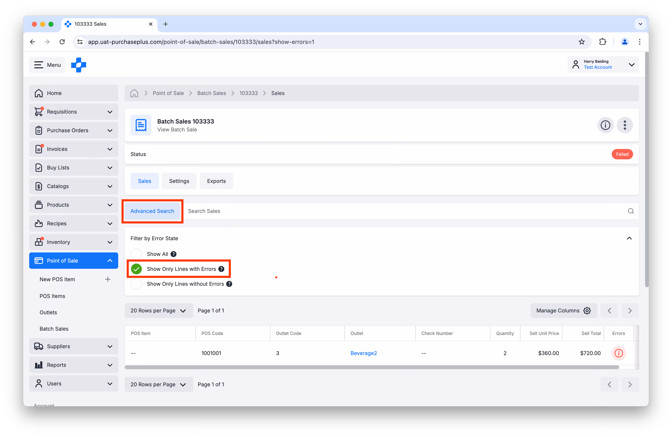 POS batch sale view with Advanced Search and Show Only Lines with Errors