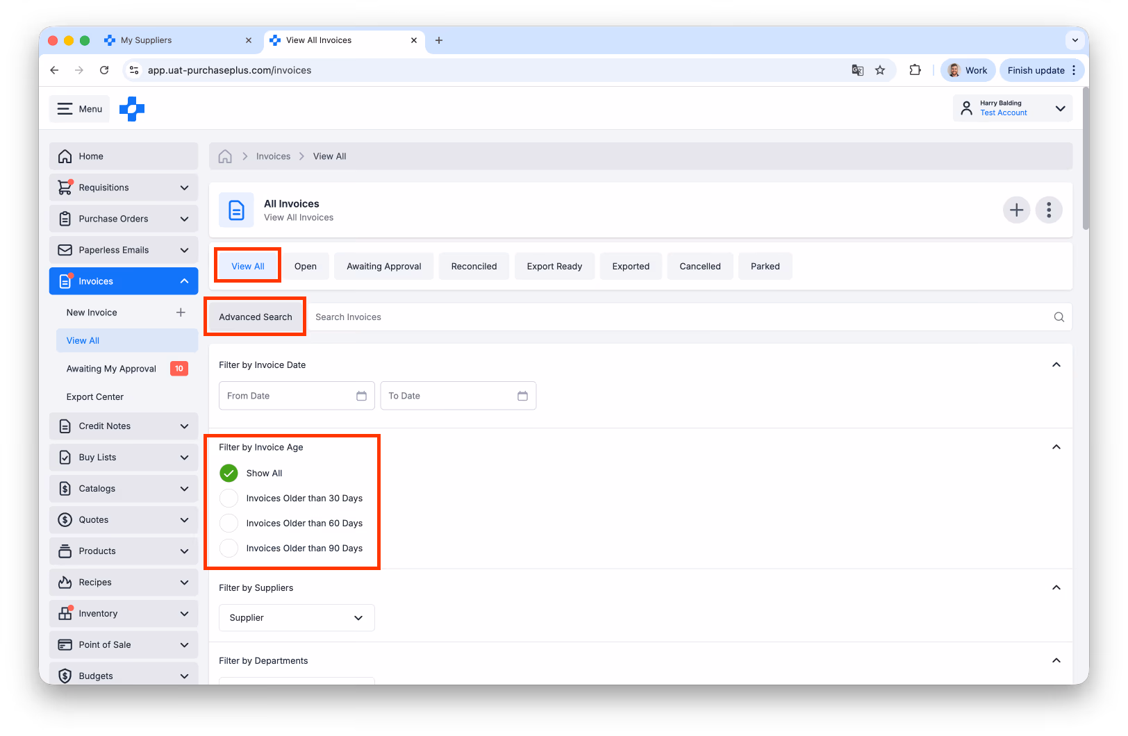 Aged Invoices Search Filter