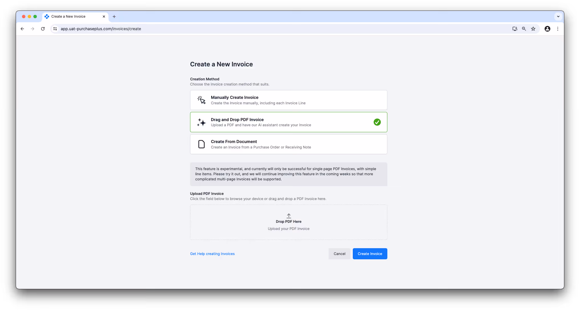 Create a New Invoice screen with AI drag-and-drop PDF upload selected