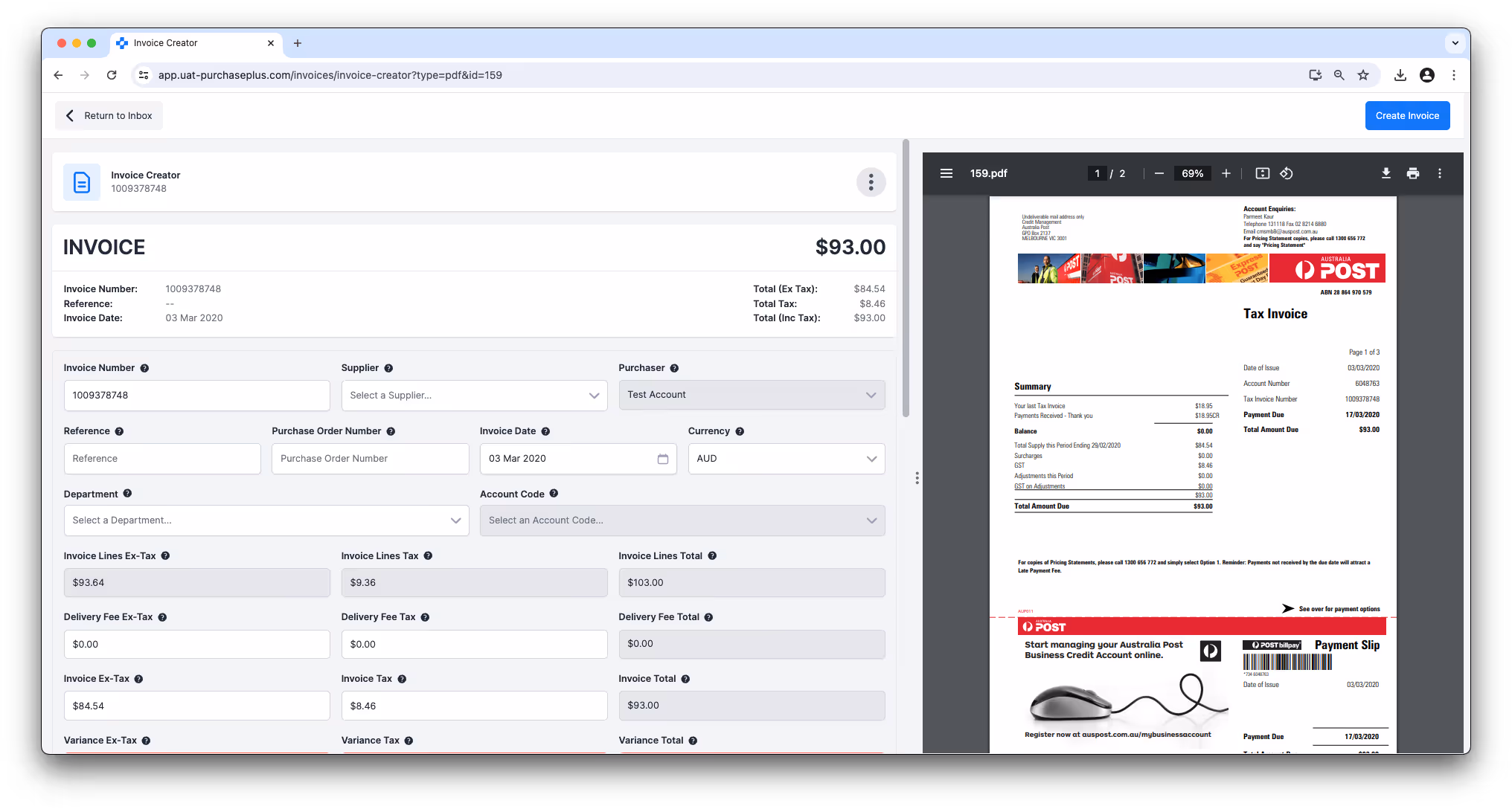 Invoice Creator form beside a PDF invoice preview for side-by-side entry