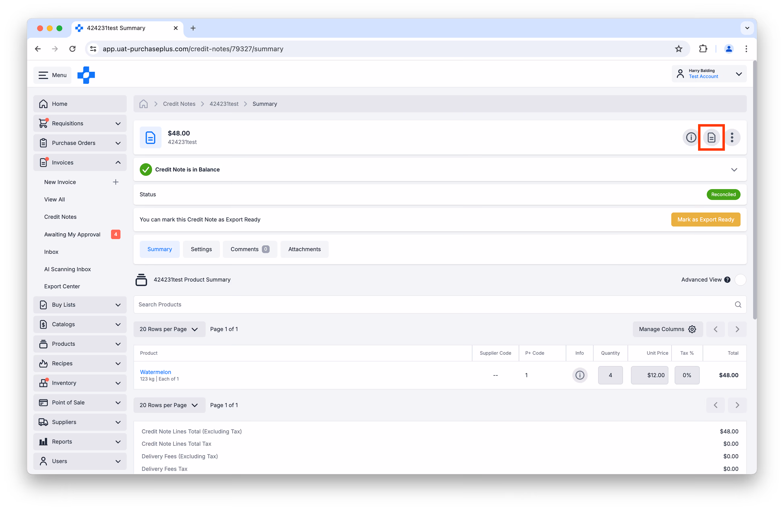 AI Scanning Credit Note Header