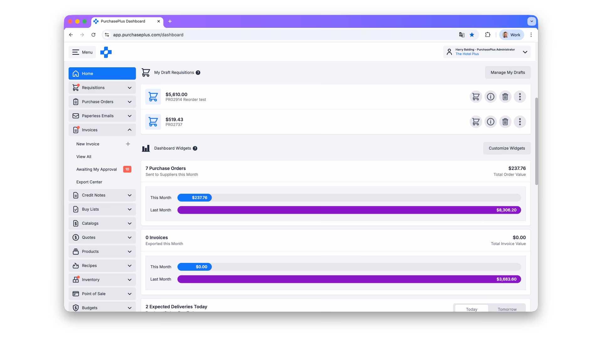 PurchasePlus dashboard with draft requisitions and purchase order analytics