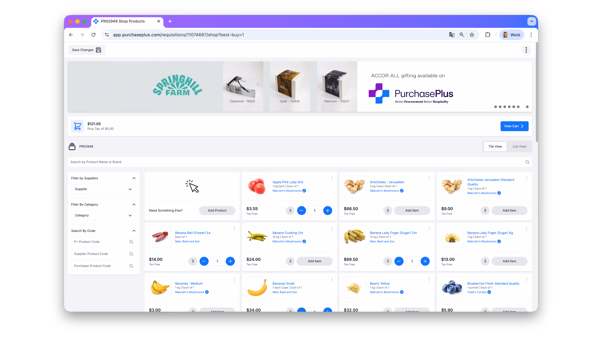 Marketplace product shopping grid with cart total and filters