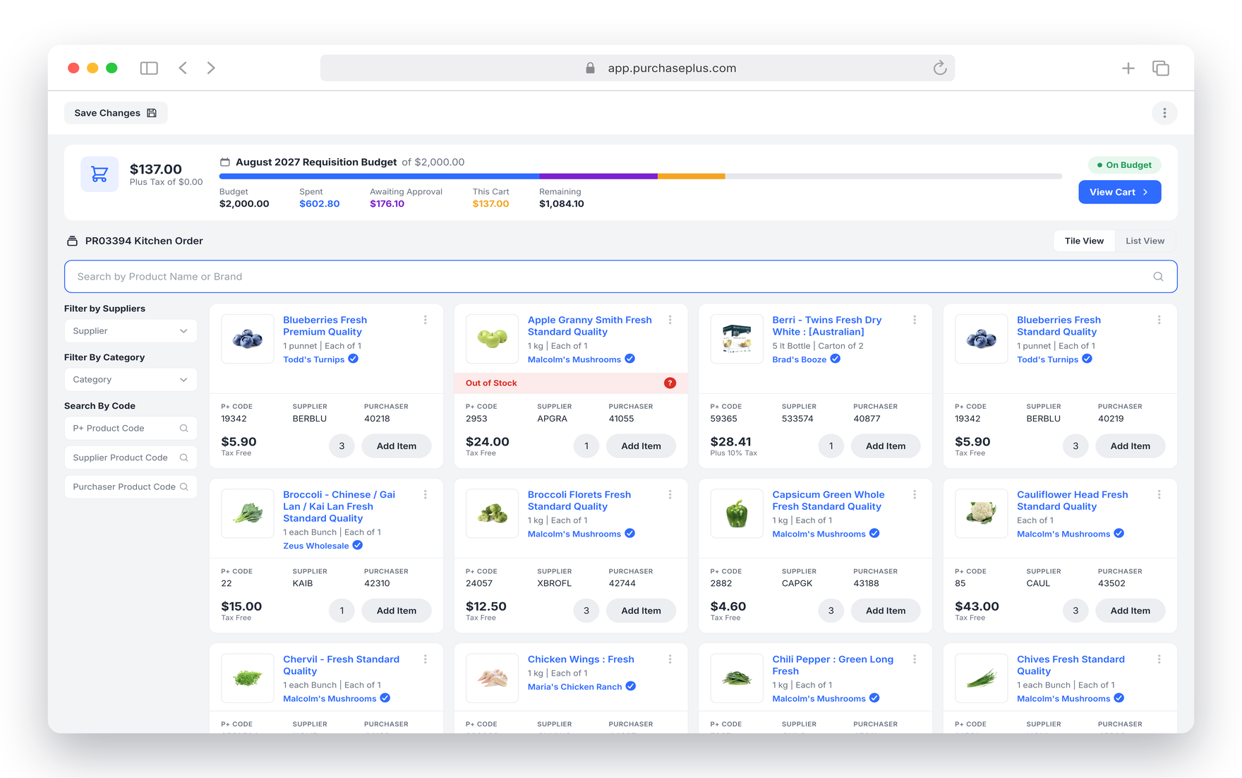 Marketplace product shopping grid with cart total and filters