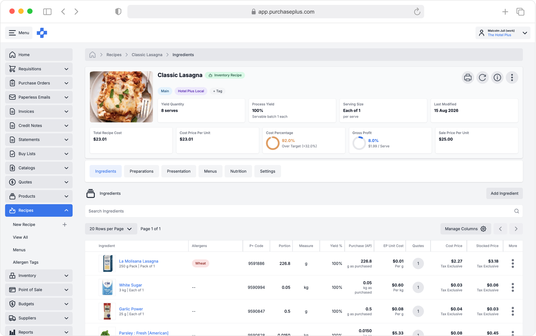 All Purchase Orders table with supplier, status, and expense account columns