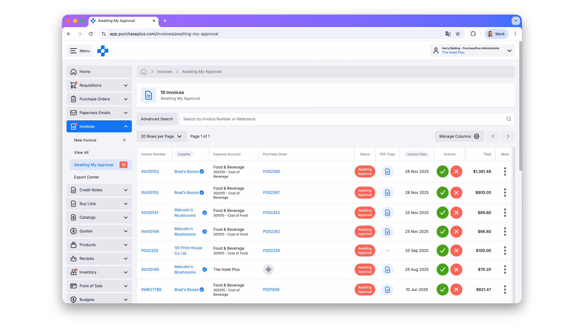 Invoices awaiting approval list with approve and reject actions