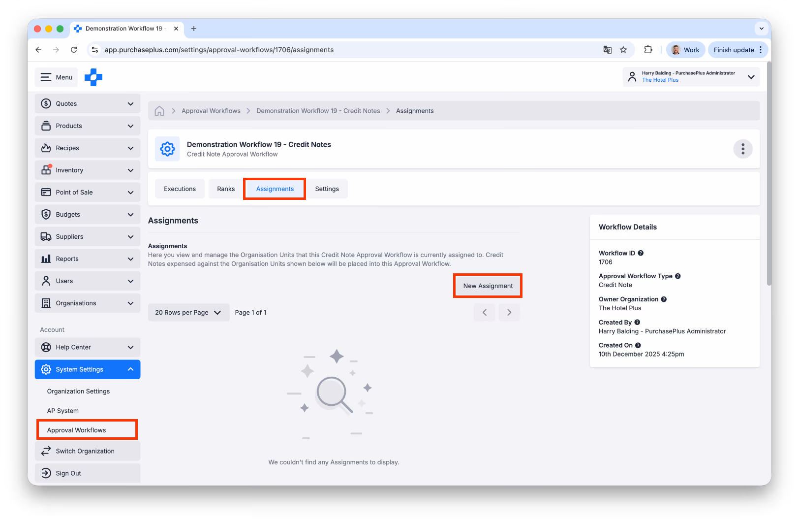Credit note approval workflow Assignments tab with New Assignment button
