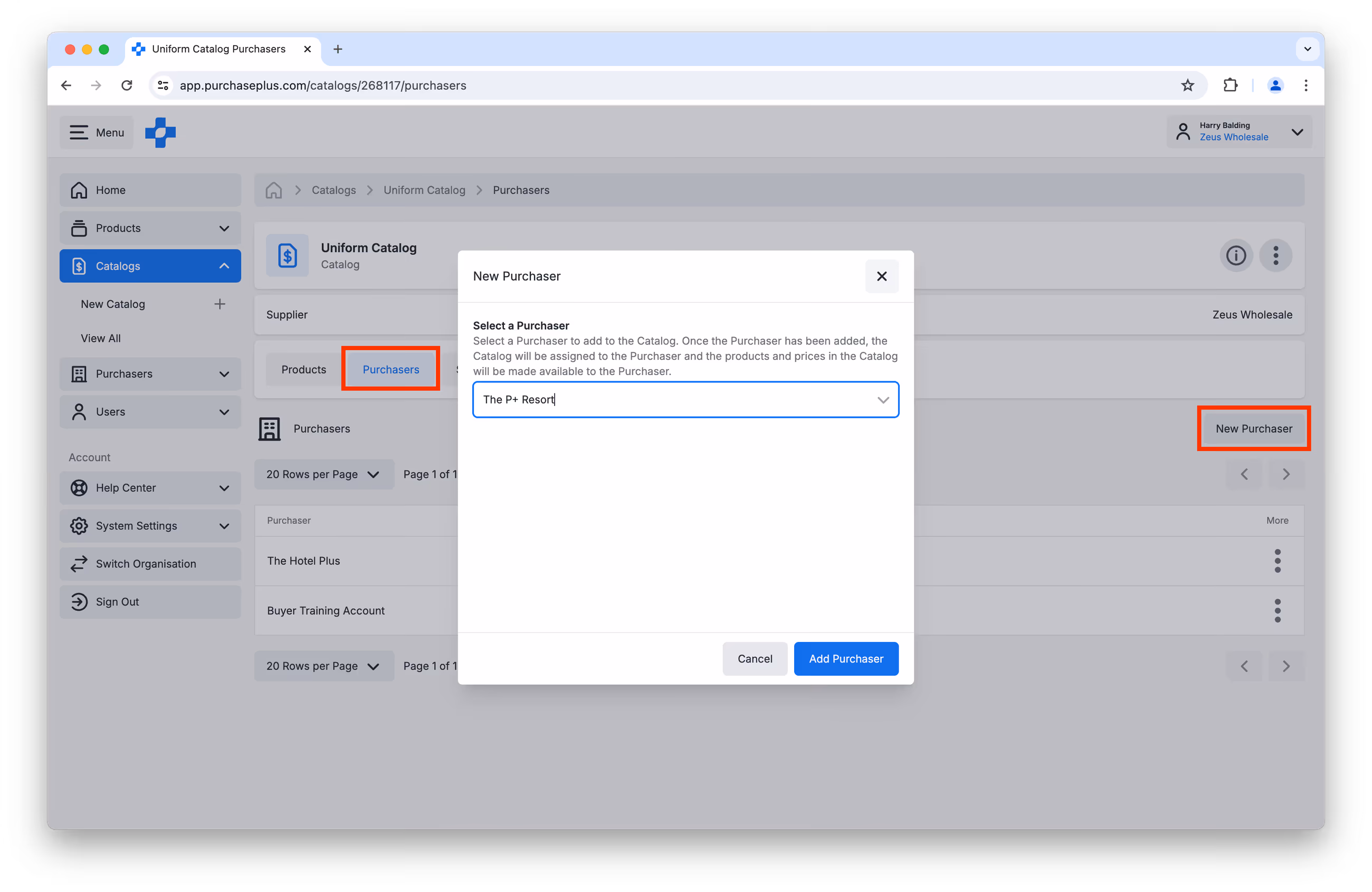 New Purchaser modal assigning a catalog to The P+ Resort